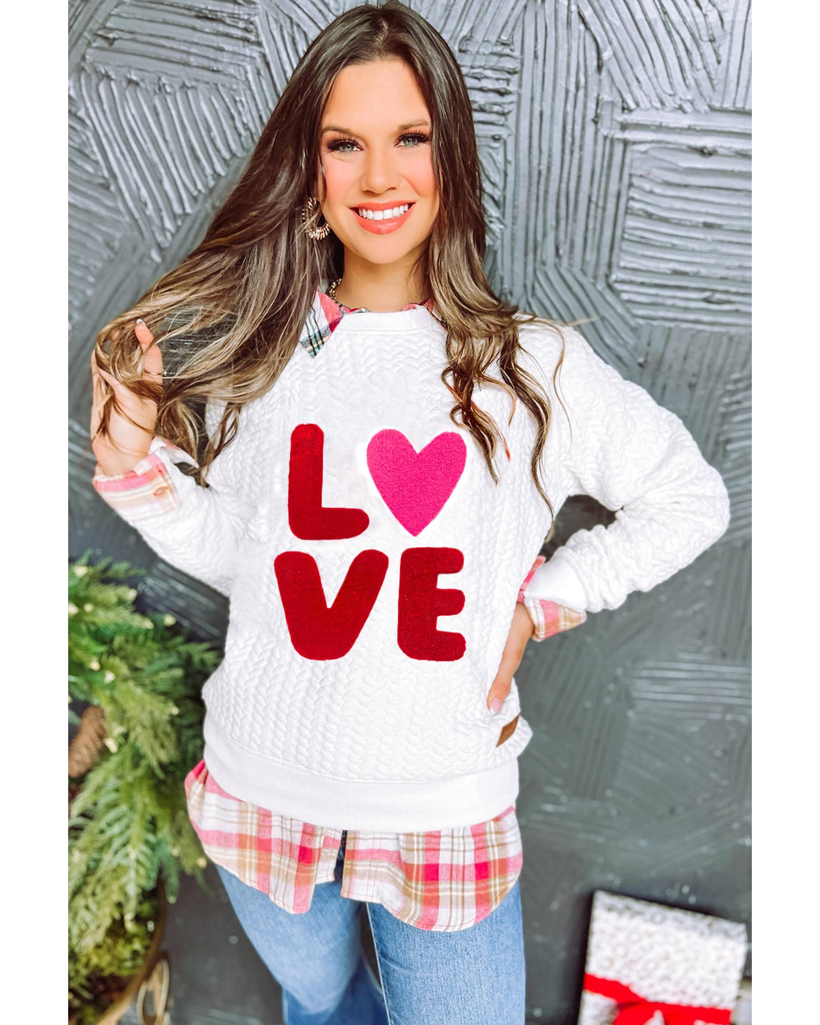 White LOVE Chenille Embroidered Cable Knit Pullover Sweatshirt - L