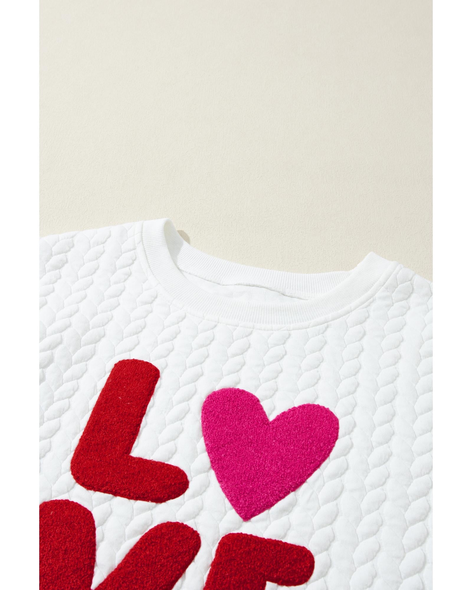 White LOVE Chenille Embroidered Cable Knit Pullover Sweatshirt - L