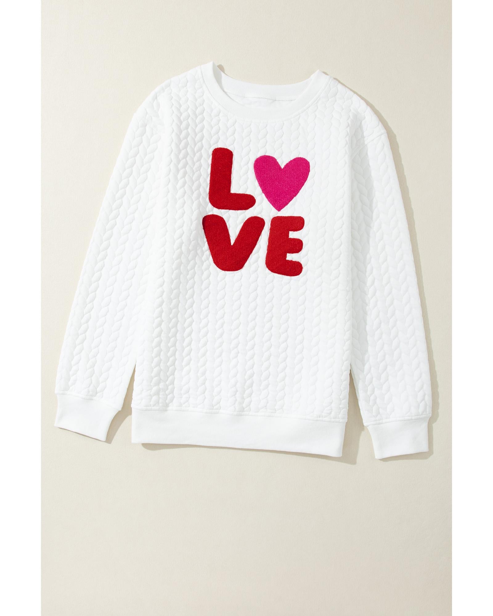 White LOVE Chenille Embroidered Cable Knit Pullover Sweatshirt - S