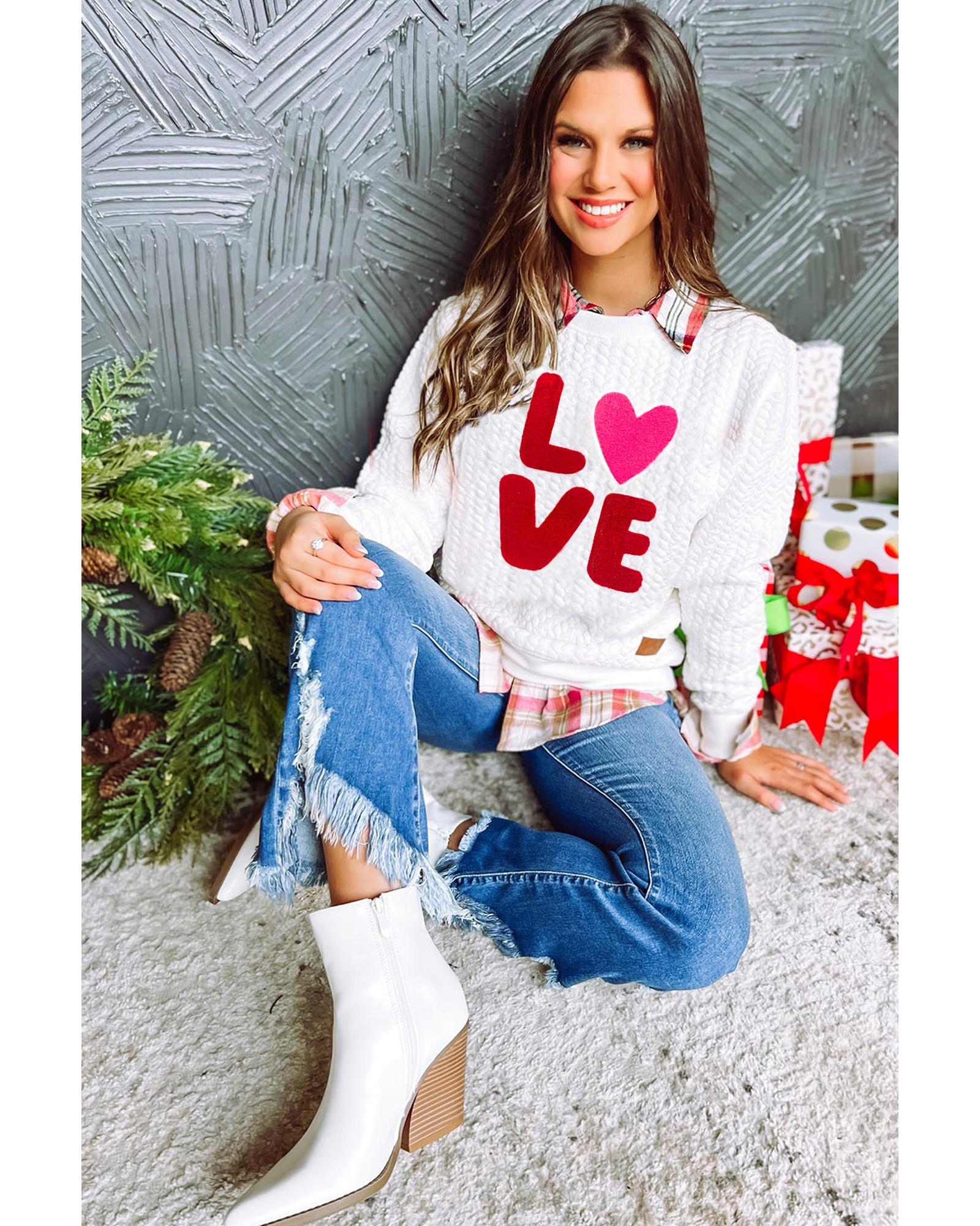 White LOVE Chenille Embroidered Cable Knit Pullover Sweatshirt - S