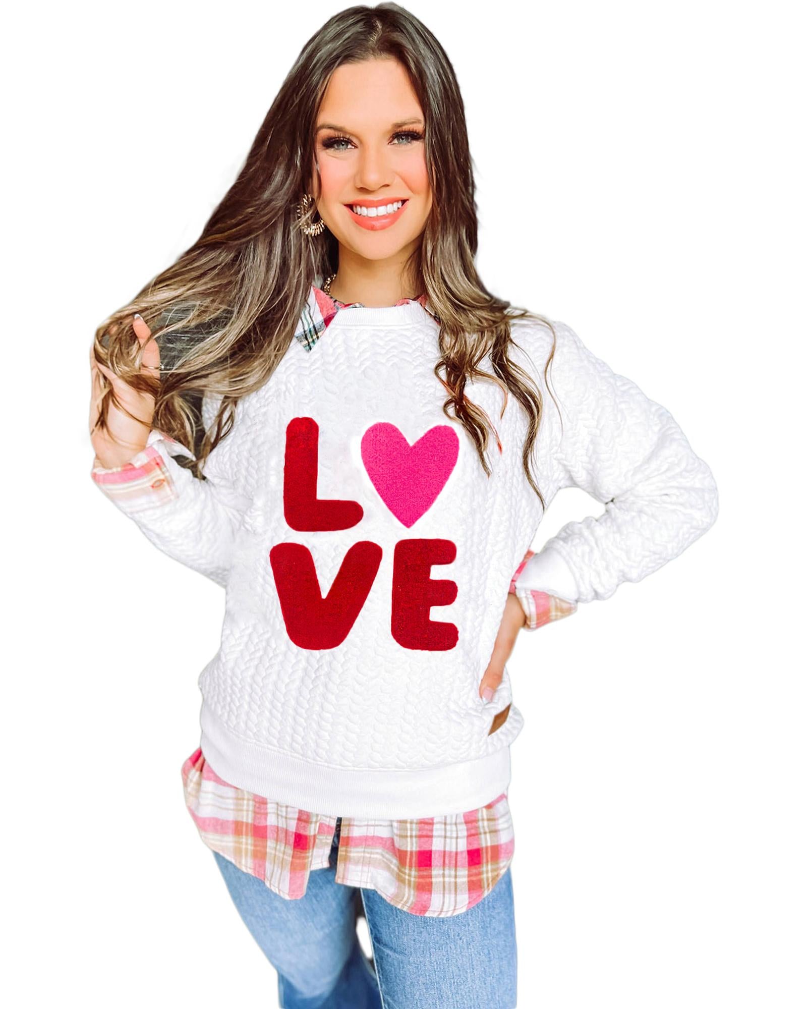 White LOVE Chenille Embroidered Cable Knit Pullover Sweatshirt - S