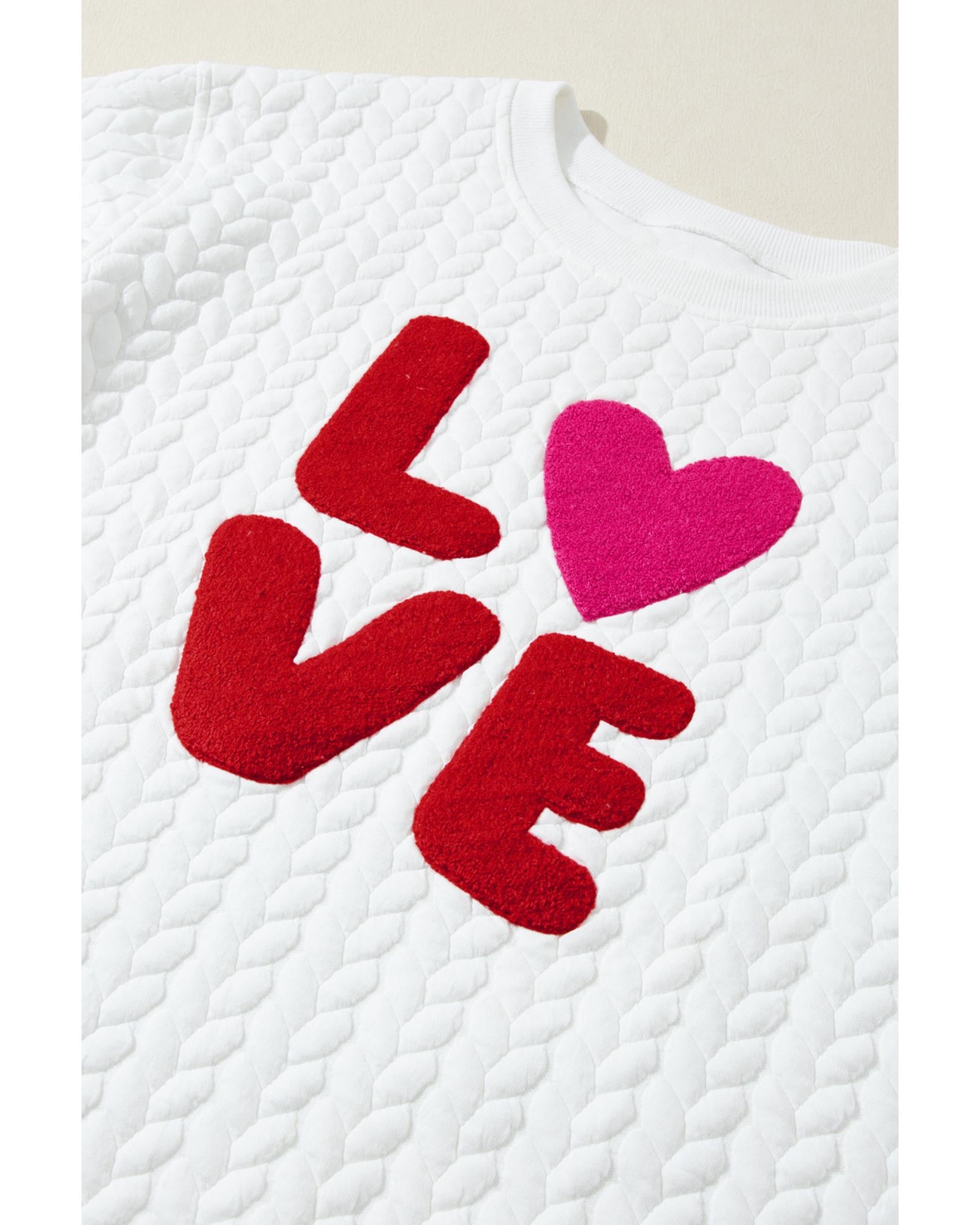 White LOVE Chenille Embroidered Cable Knit Pullover Sweatshirt - S