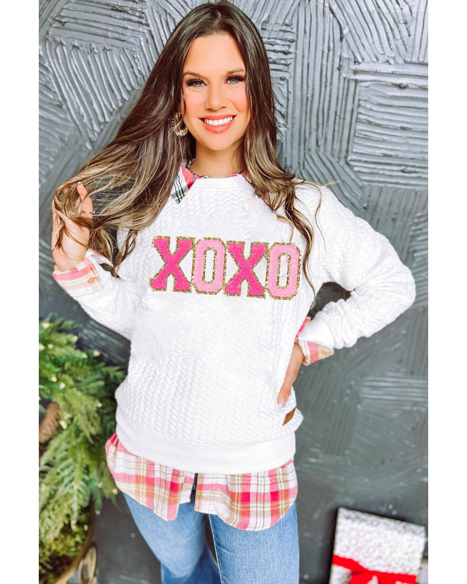 White XOXO Glitter Chenille Cable Knit Pullover Sweatshirt - L