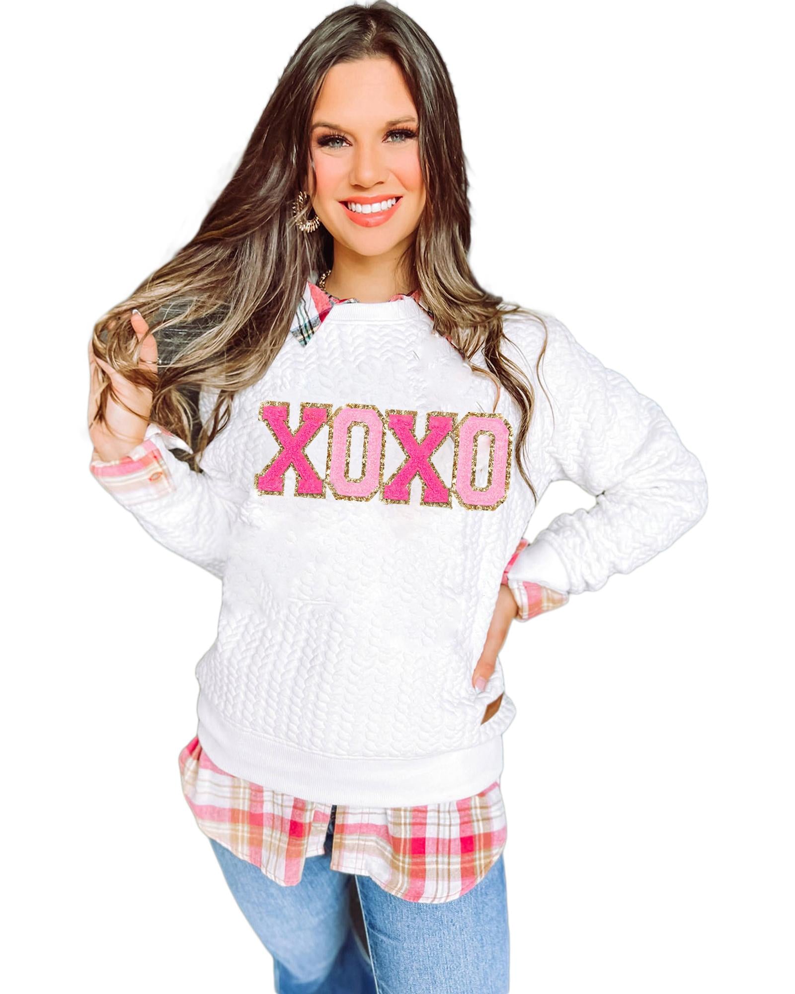 White XOXO Glitter Chenille Cable Knit Pullover Sweatshirt - L