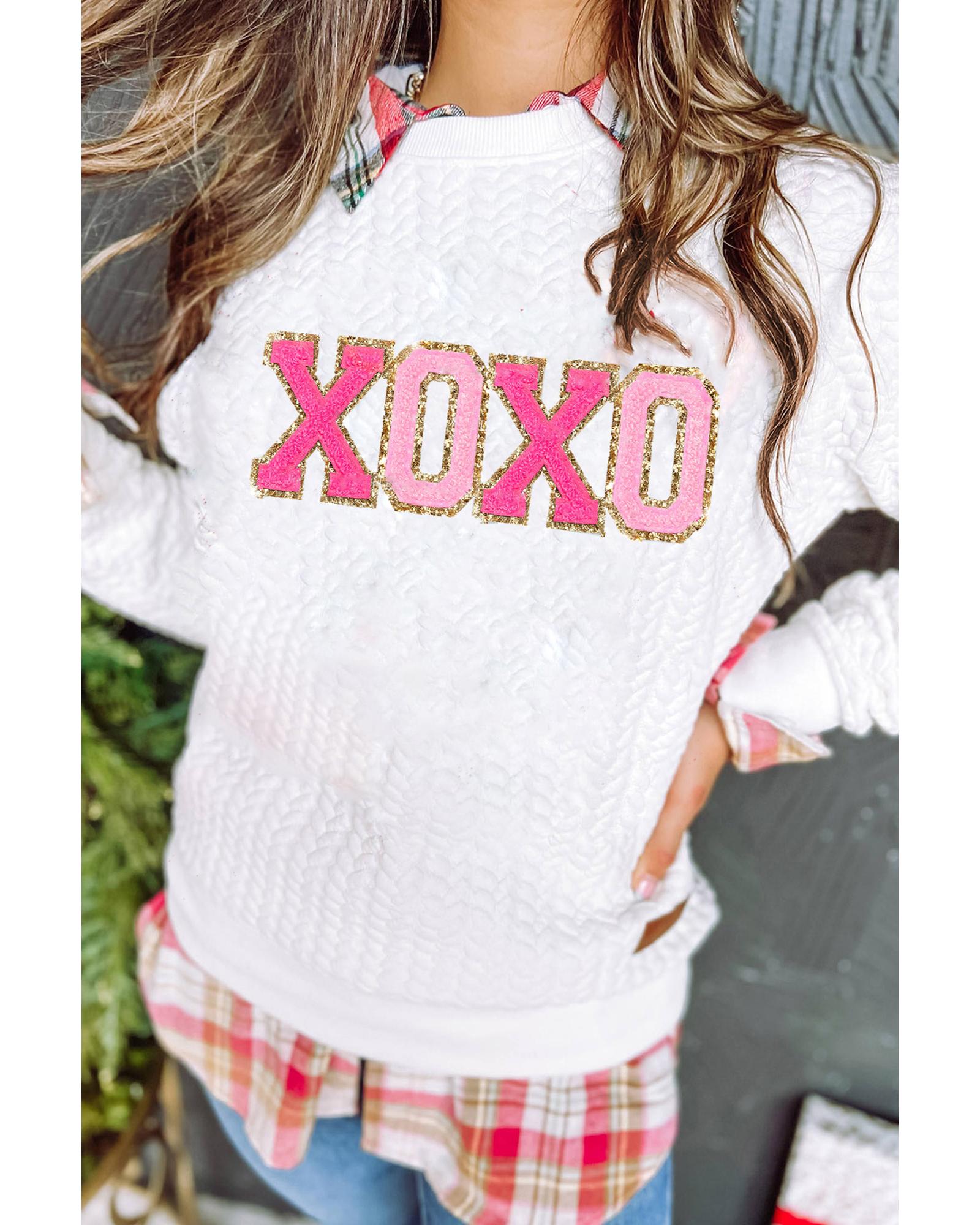 White XOXO Glitter Chenille Cable Knit Pullover Sweatshirt - M