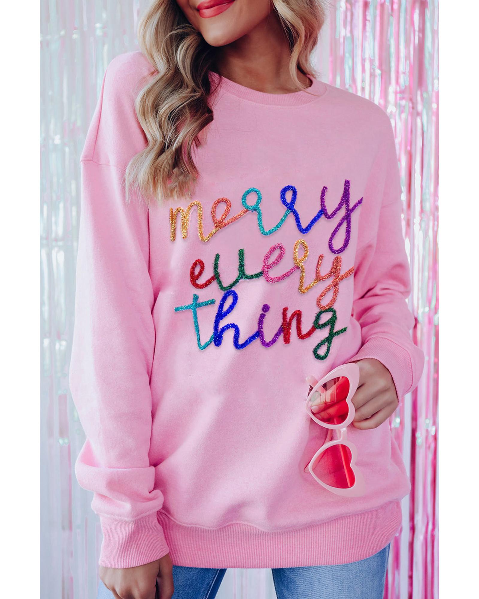 Peach Blossom Merry Every Thing Glitter Slogan Sweatshirt - S