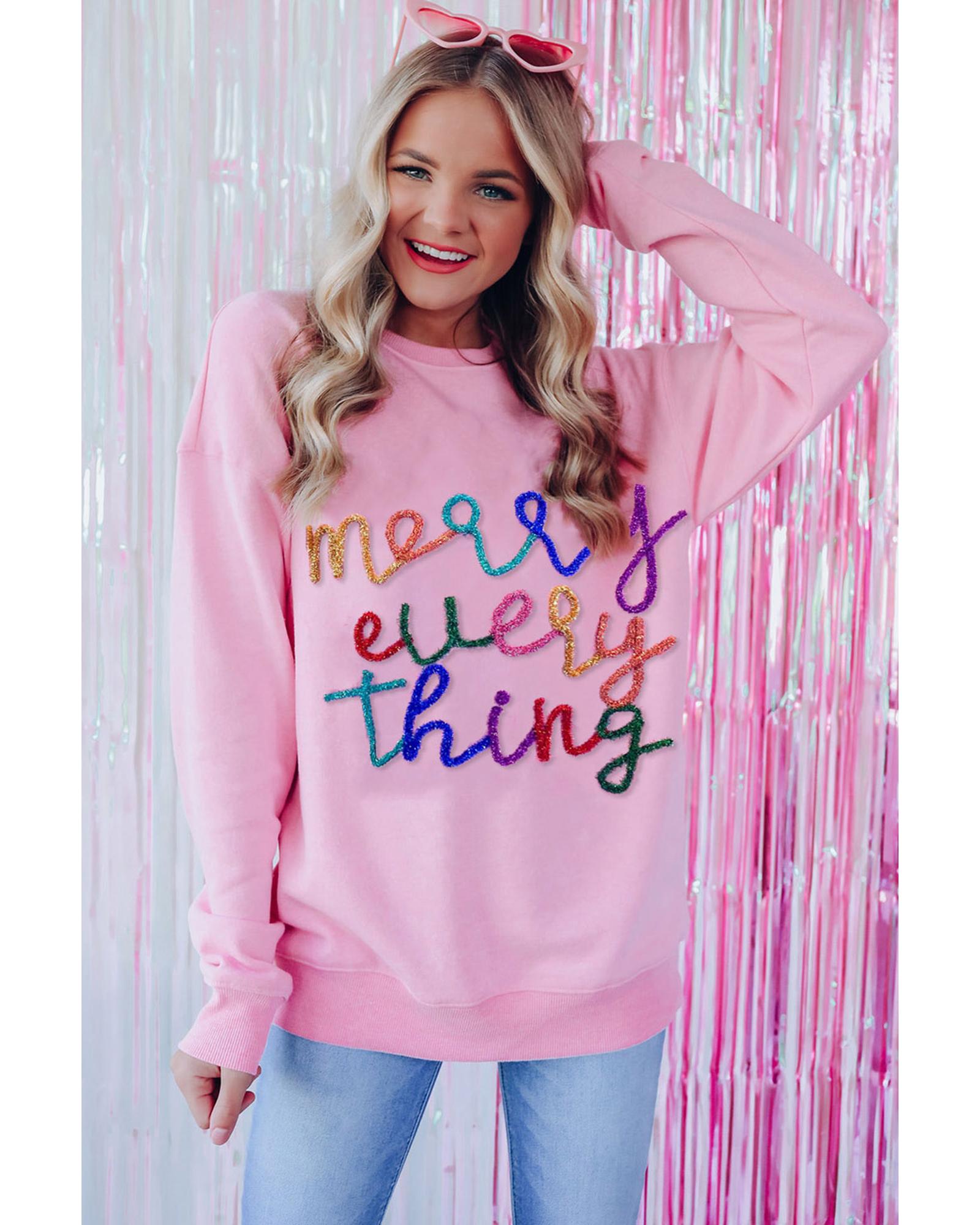 Peach Blossom Merry Every Thing Glitter Slogan Sweatshirt - XL