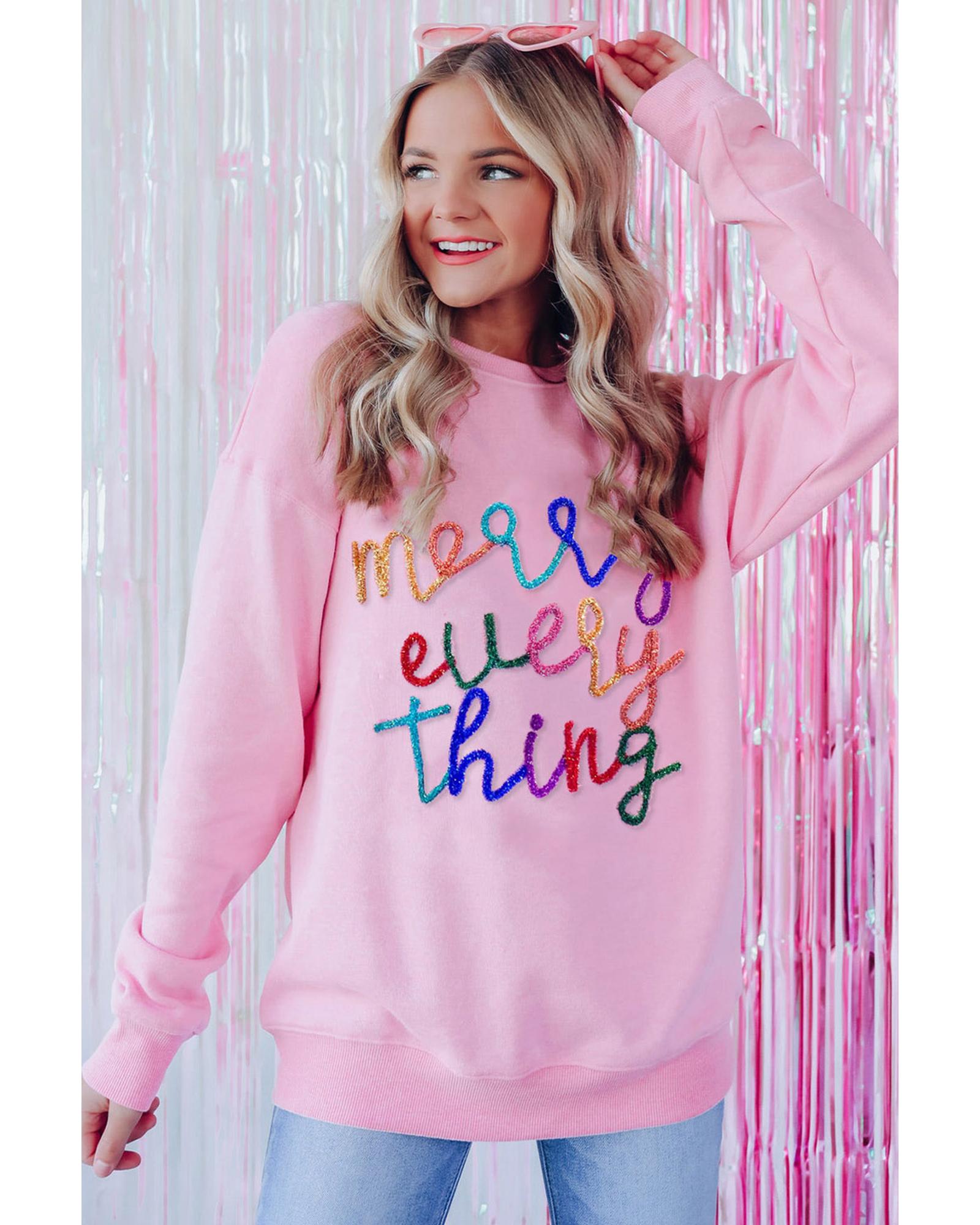 Peach Blossom Merry Every Thing Glitter Slogan Sweatshirt - XL