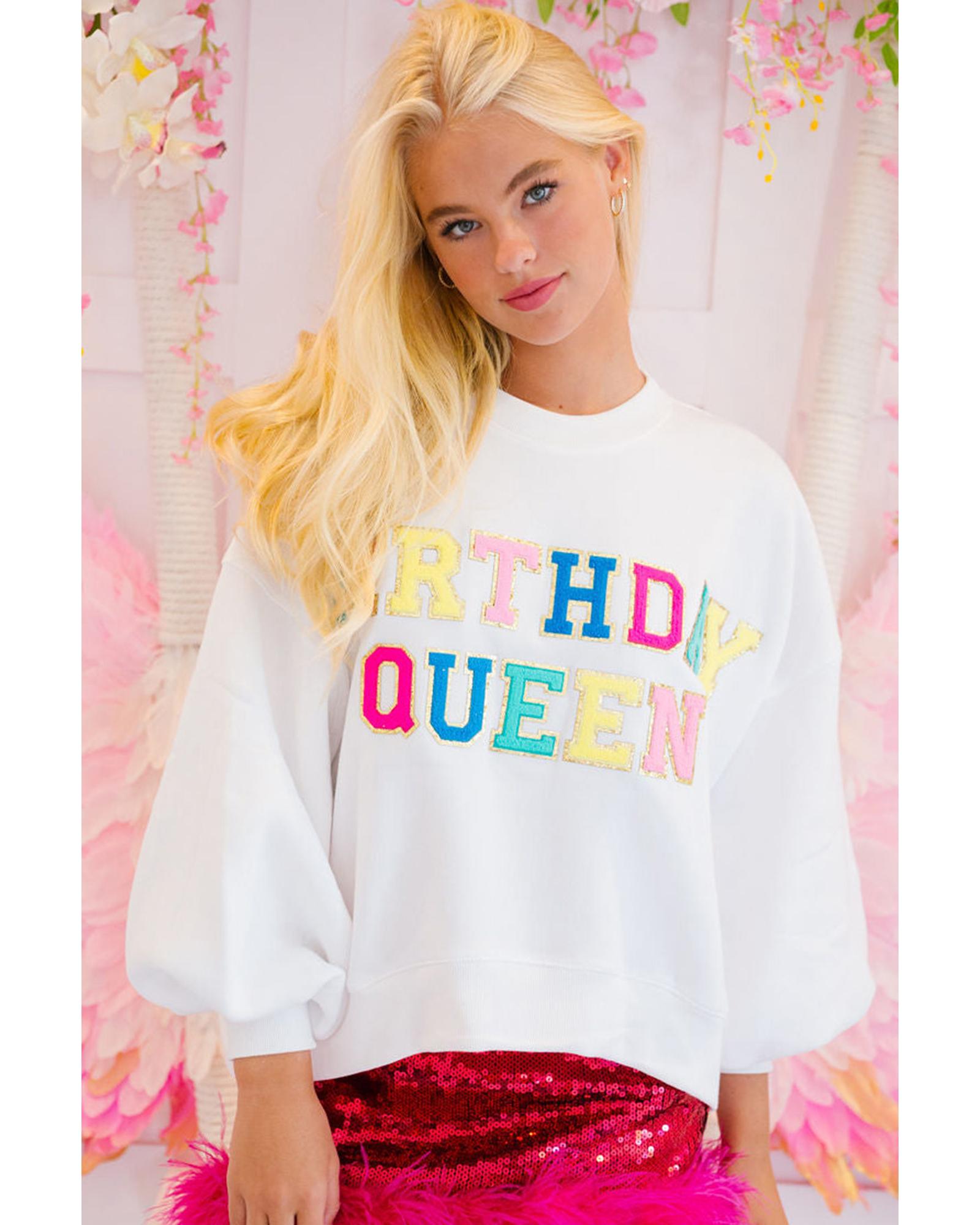 White BIRTHDAY QUEEN Graphic Balloon Sleeve Sweatshirt - 2XL