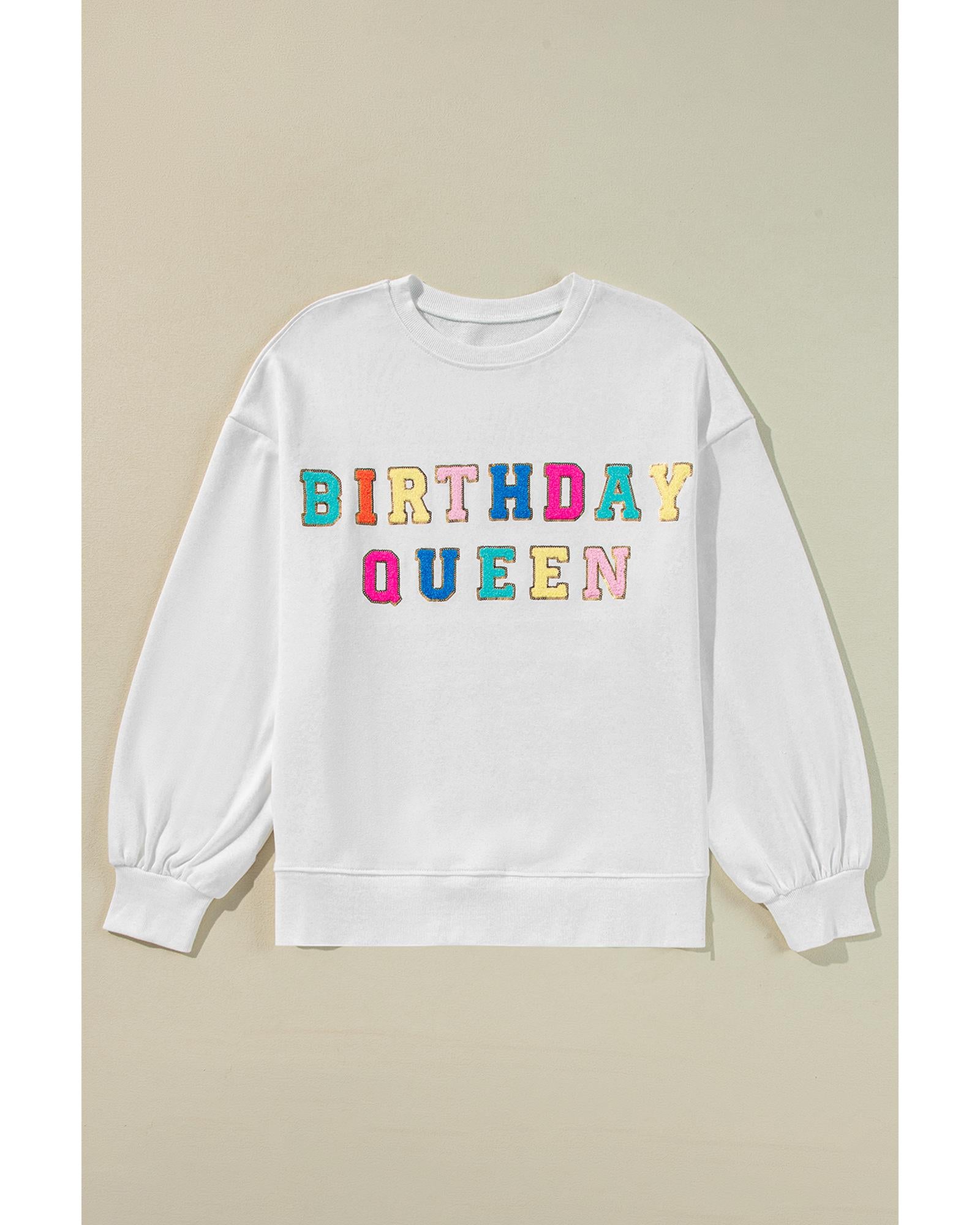 White BIRTHDAY QUEEN Graphic Balloon Sleeve Sweatshirt - M