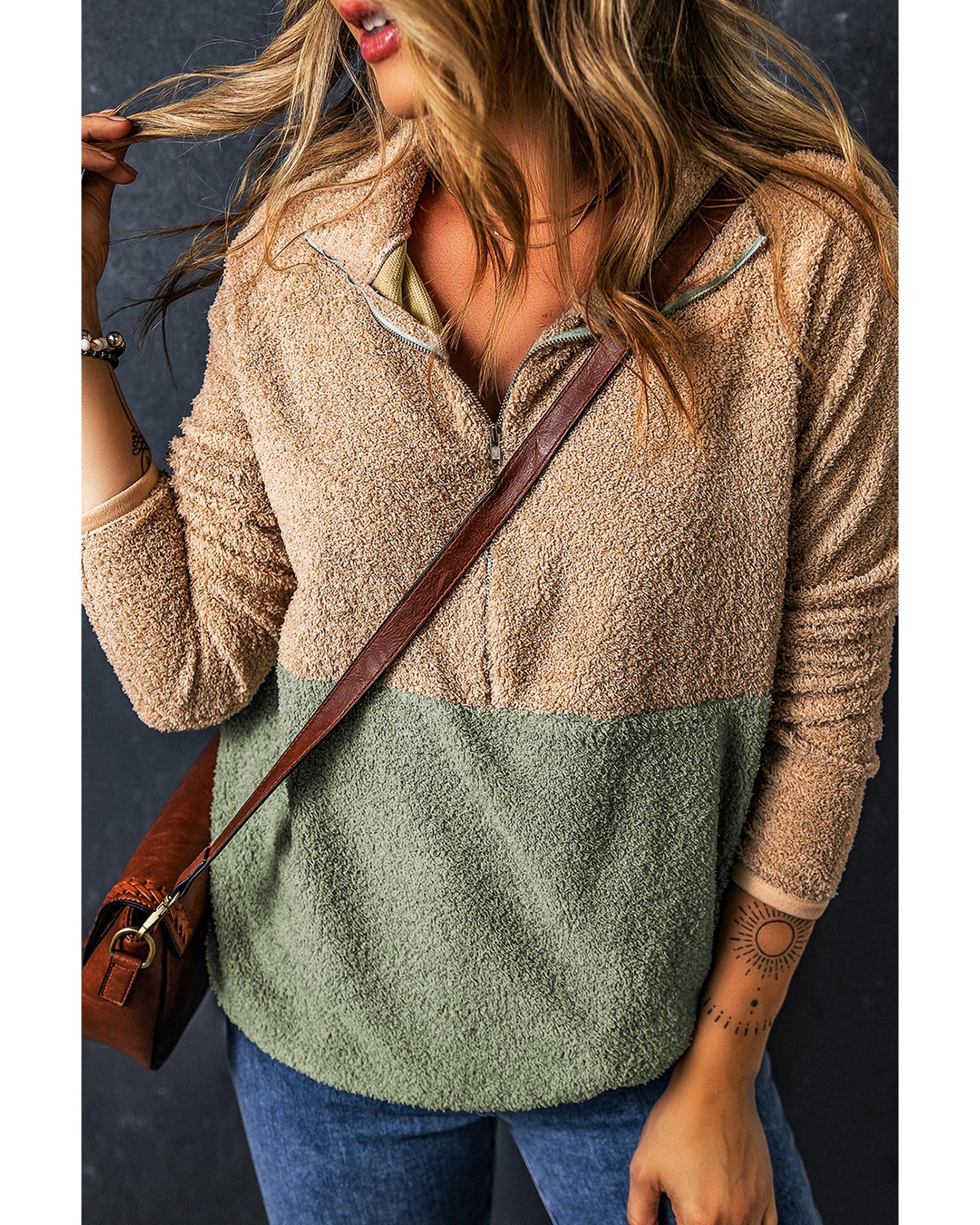 Smoke Gray Two Tones Color Block Half Zip Fleece Sweatshirt - M