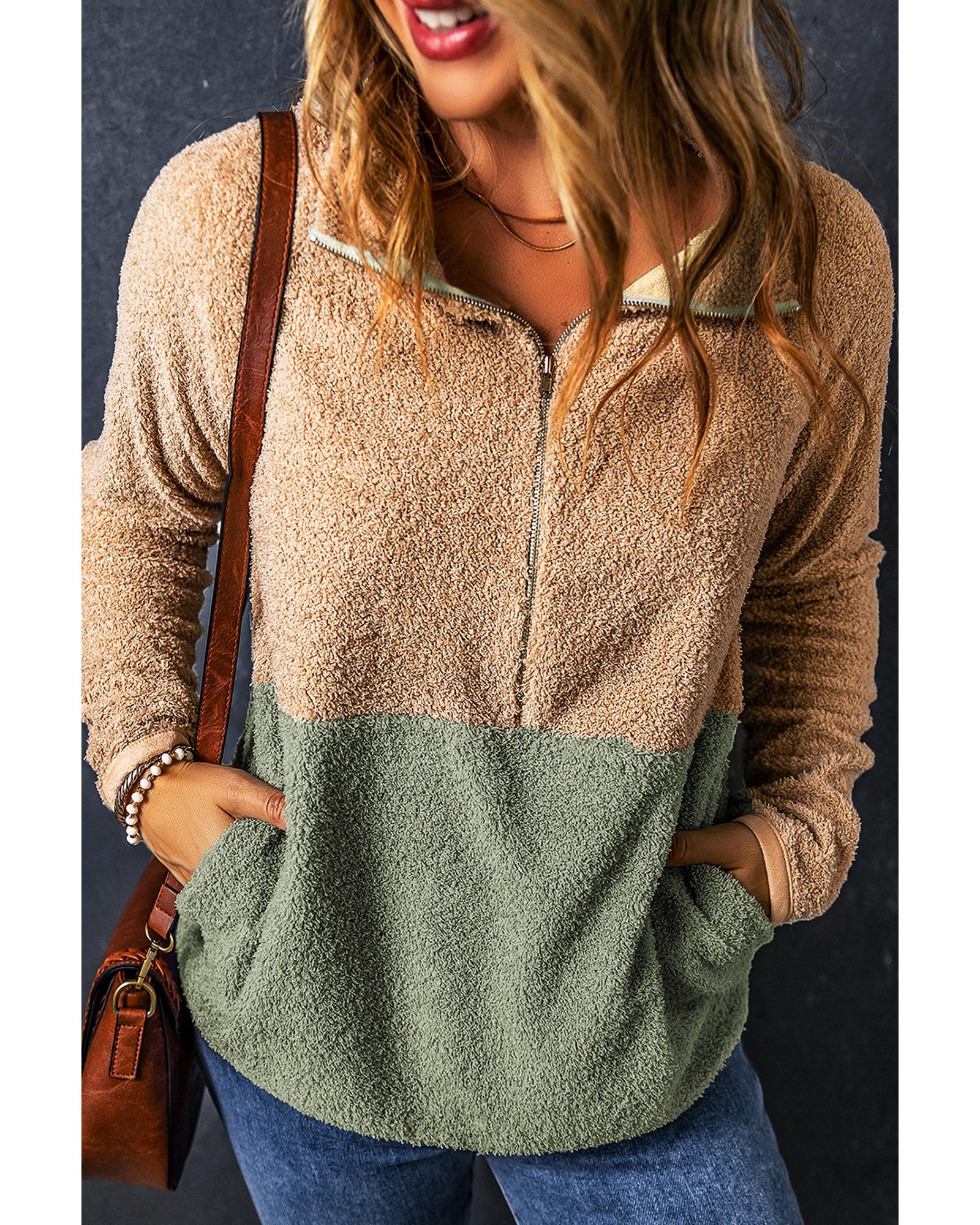 Smoke Gray Two Tones Color Block Half Zip Fleece Sweatshirt - S