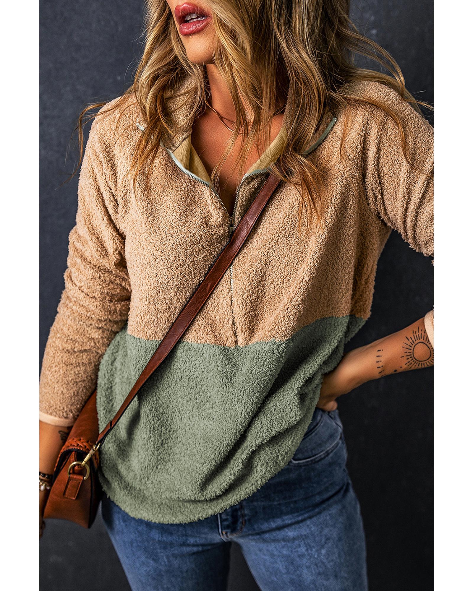 Smoke Gray Two Tones Color Block Half Zip Fleece Sweatshirt - S