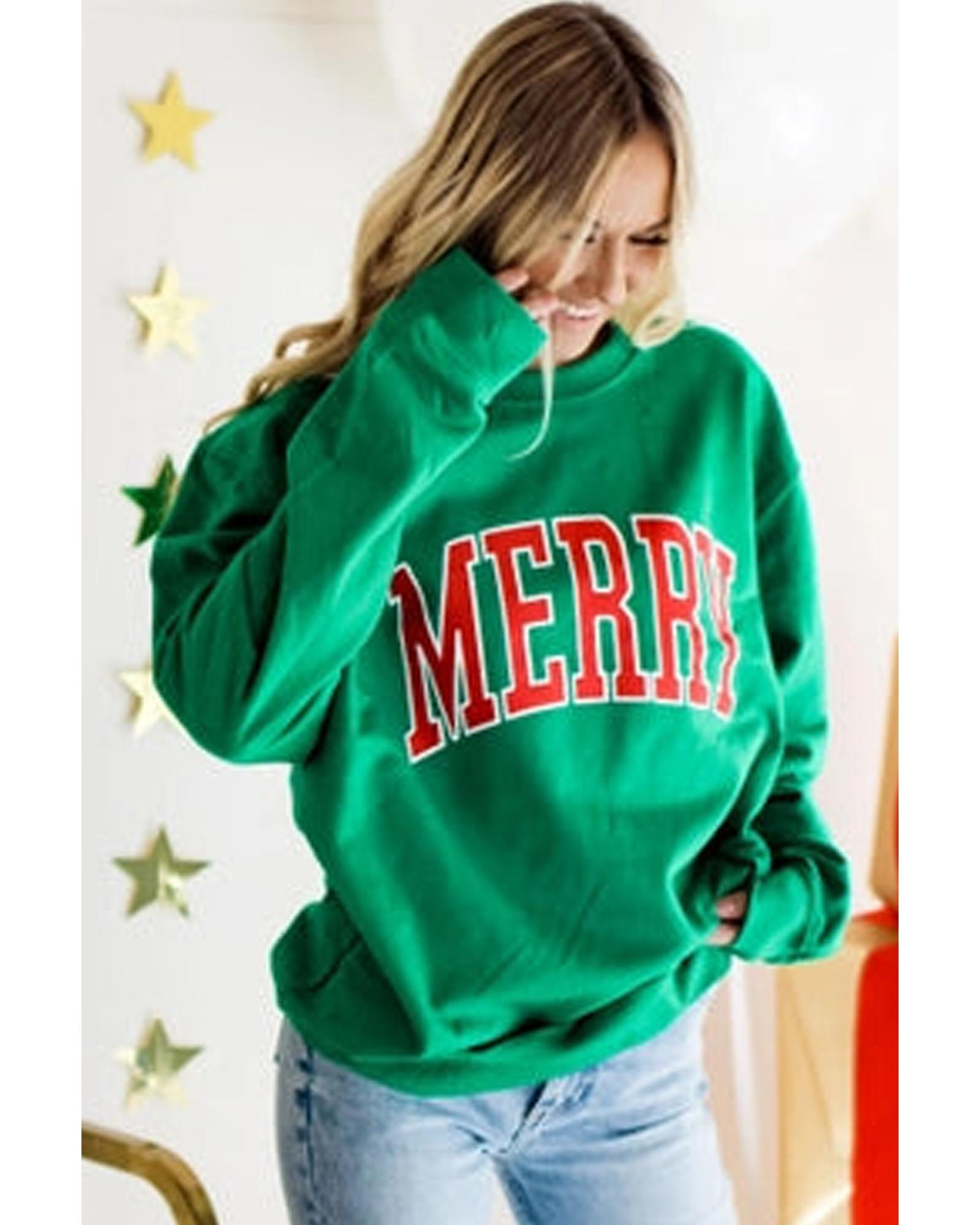 Bright Green MERRY Graphic Pullover Sweatshirt - M