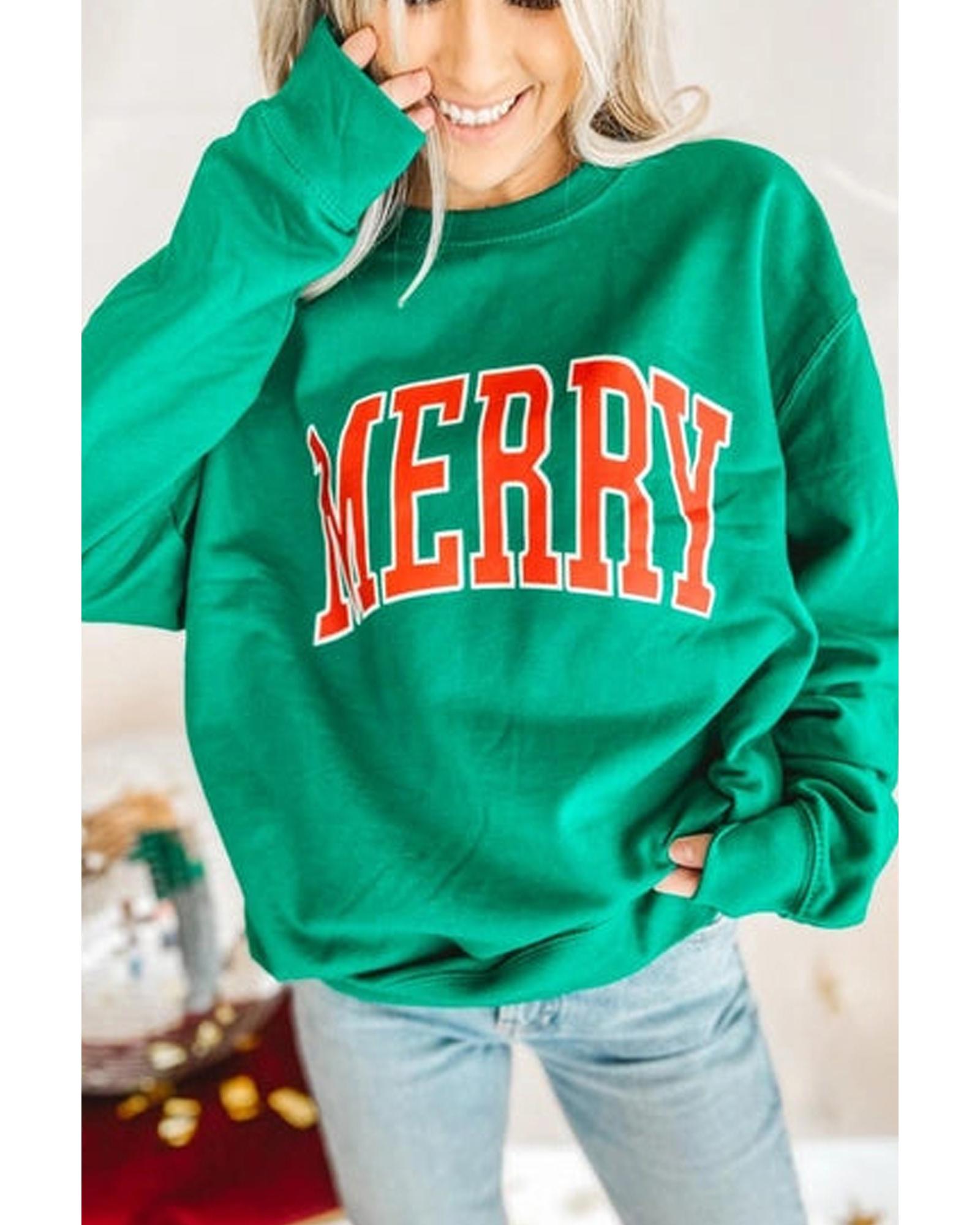 Bright Green MERRY Graphic Pullover Sweatshirt - XL