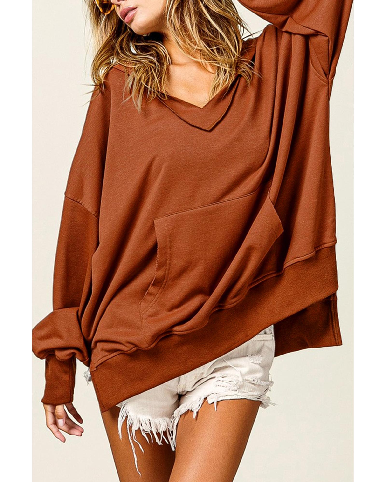 Chestnut V Neck Kangaroo Pocket Oversized Hoodie - L