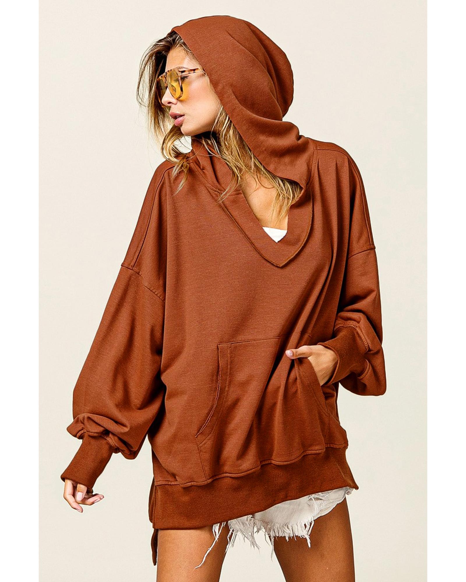 Chestnut V Neck Kangaroo Pocket Oversized Hoodie - L