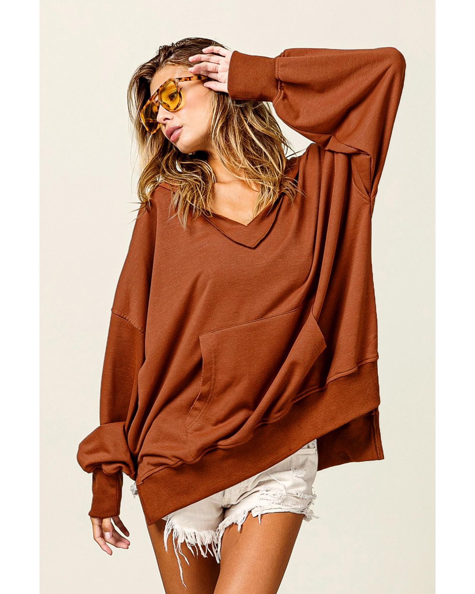 Chestnut V Neck Kangaroo Pocket Oversized Hoodie - L