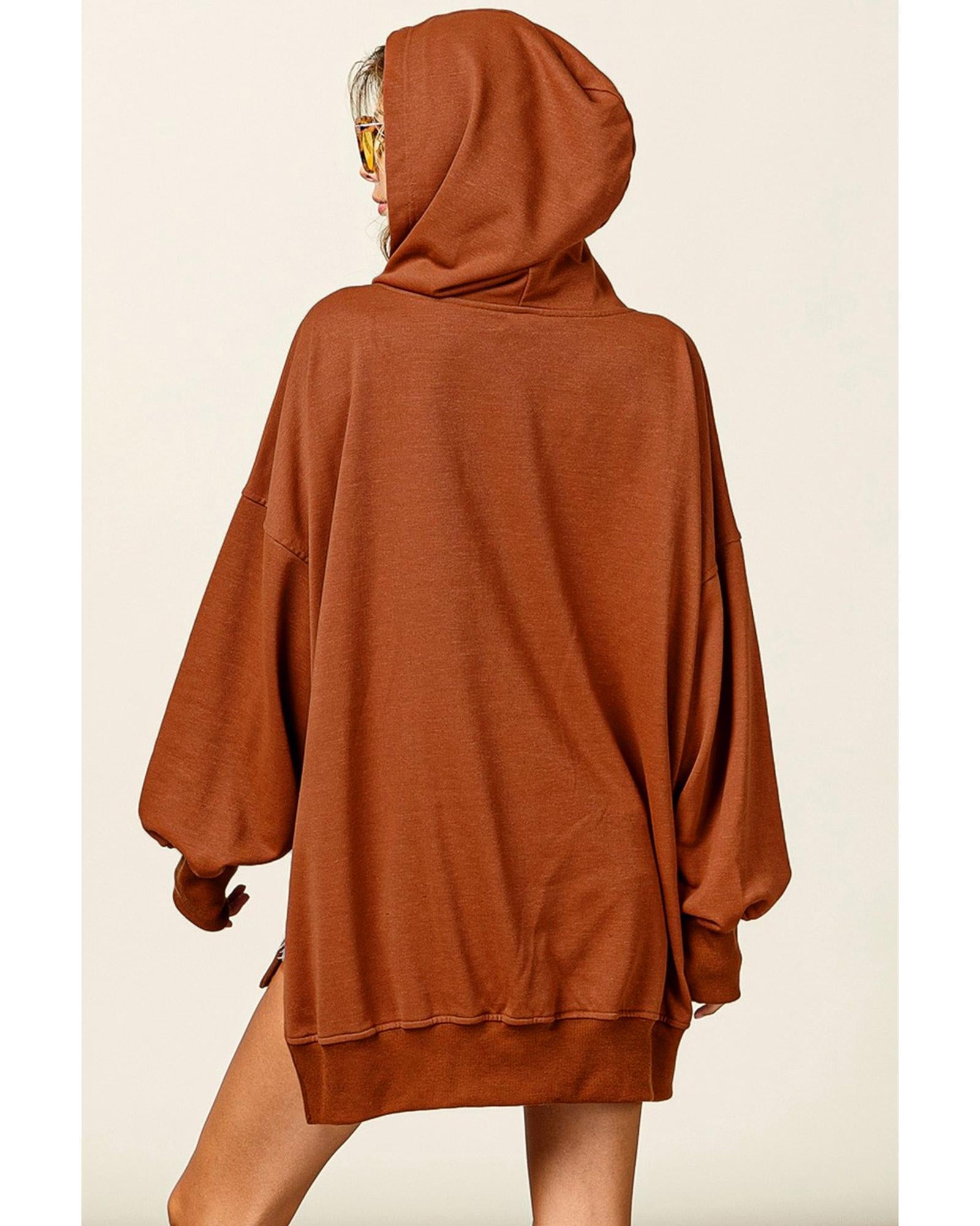 Chestnut V Neck Kangaroo Pocket Oversized Hoodie - L