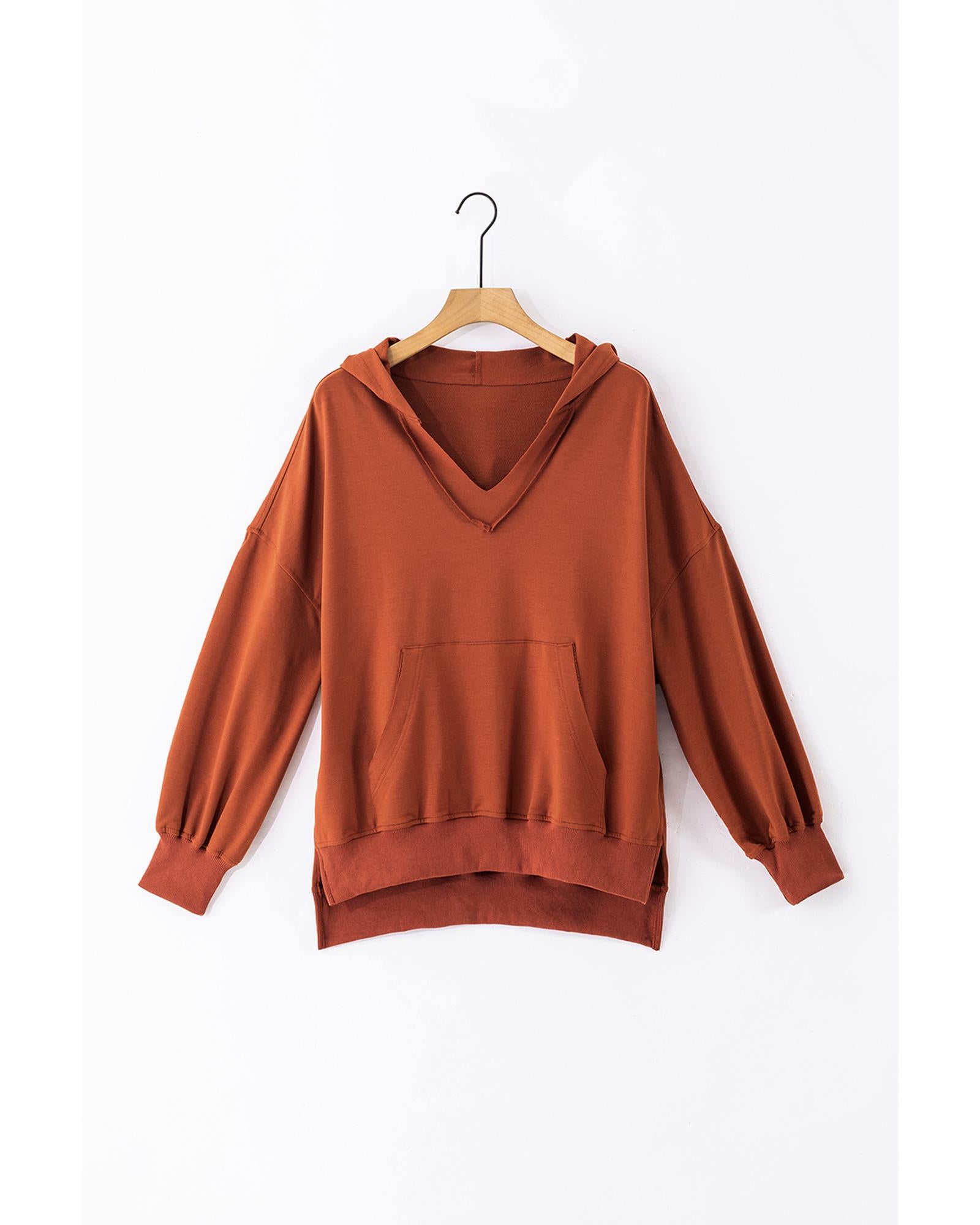 Chestnut V Neck Kangaroo Pocket Oversized Hoodie - M