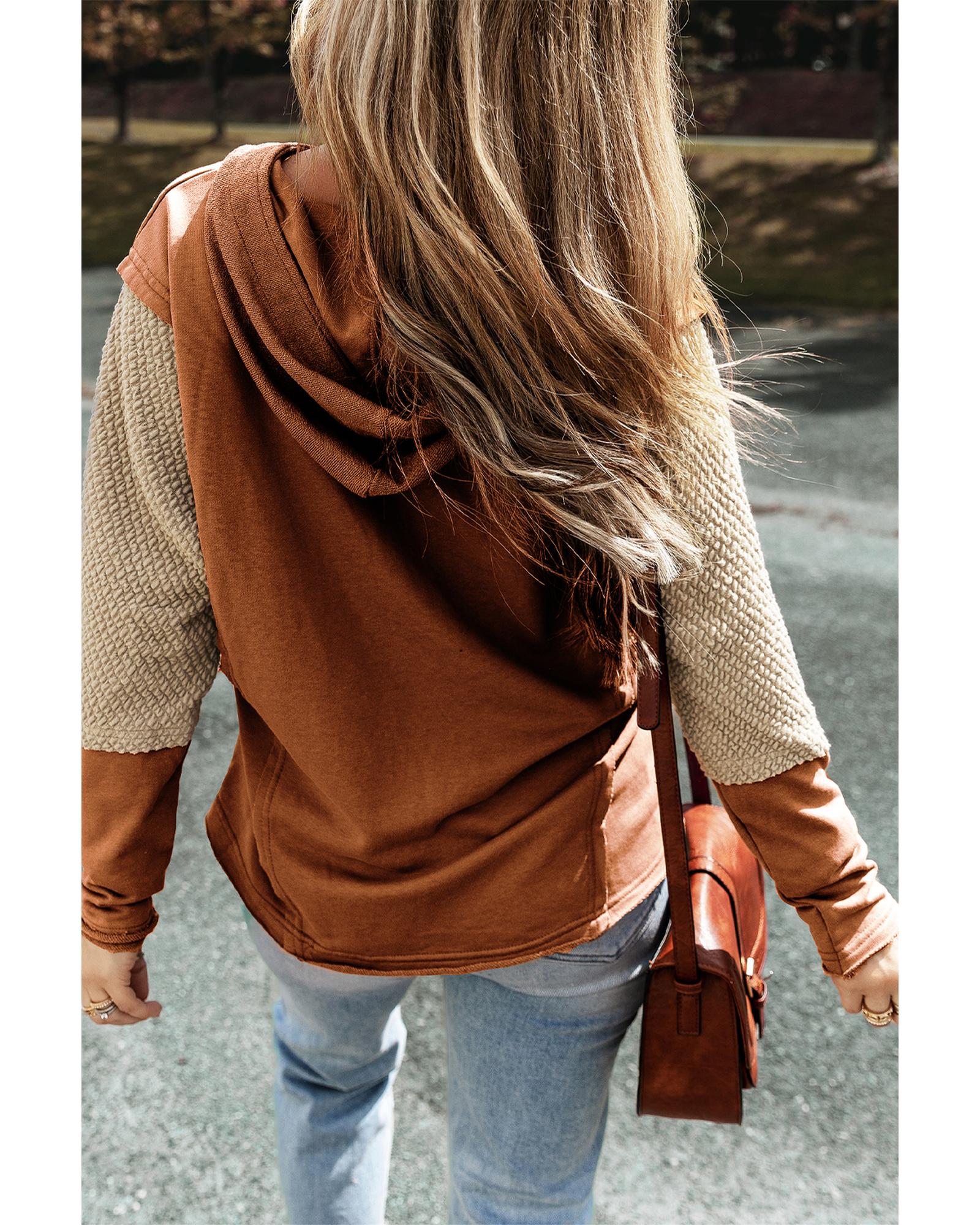 Chestnut Contrast Sleeves Patchwork Colorblock Hoodie - L