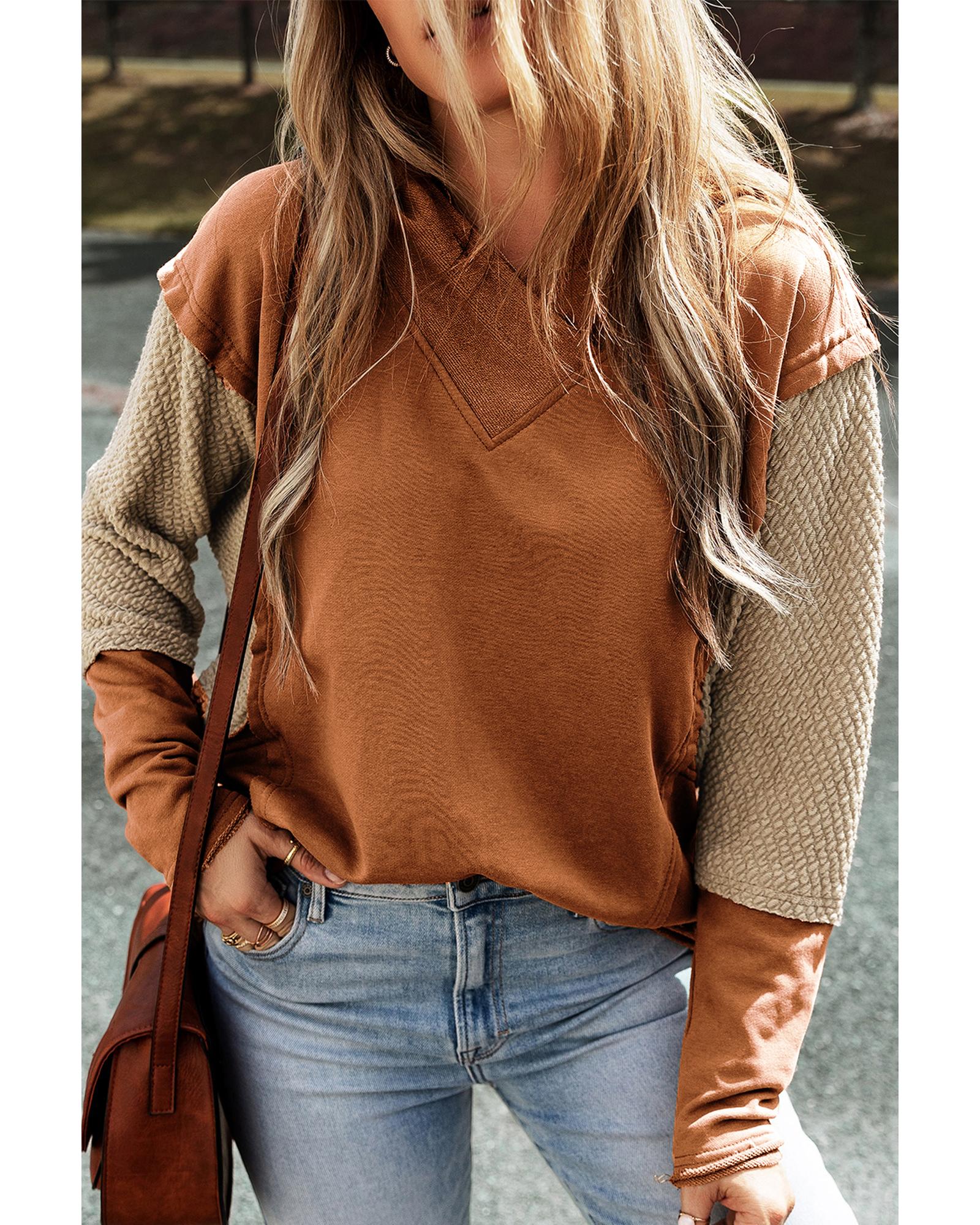 Chestnut Contrast Sleeves Patchwork Colorblock Hoodie - L