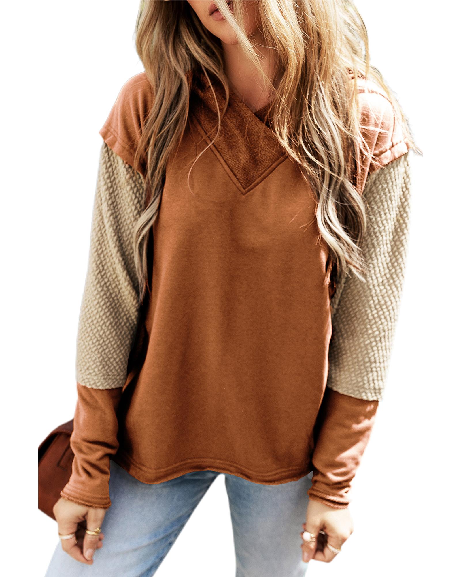 Chestnut Contrast Sleeves Patchwork Colorblock Hoodie - M