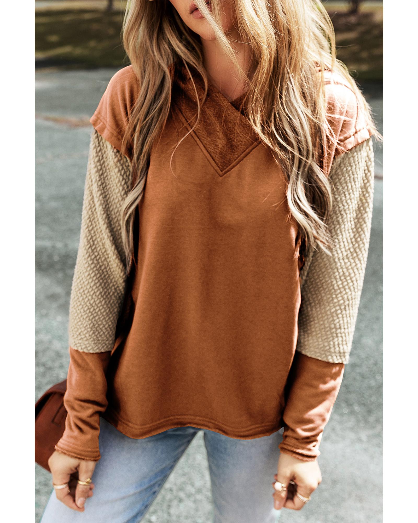 Chestnut Contrast Sleeves Patchwork Colorblock Hoodie - S