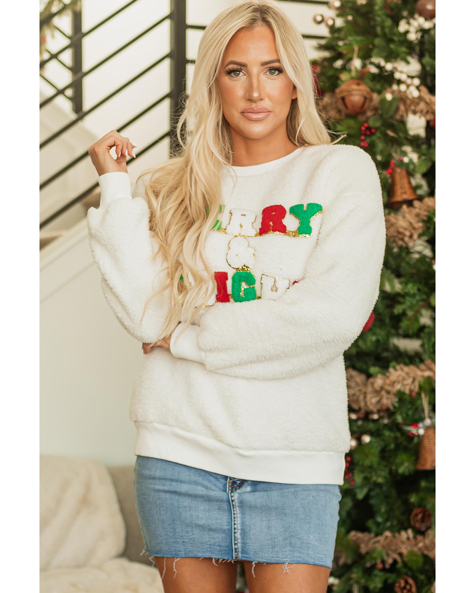 White Christmas MERRY & Bright Chenille Graphic Sherpa Sweatshirt - 2XL