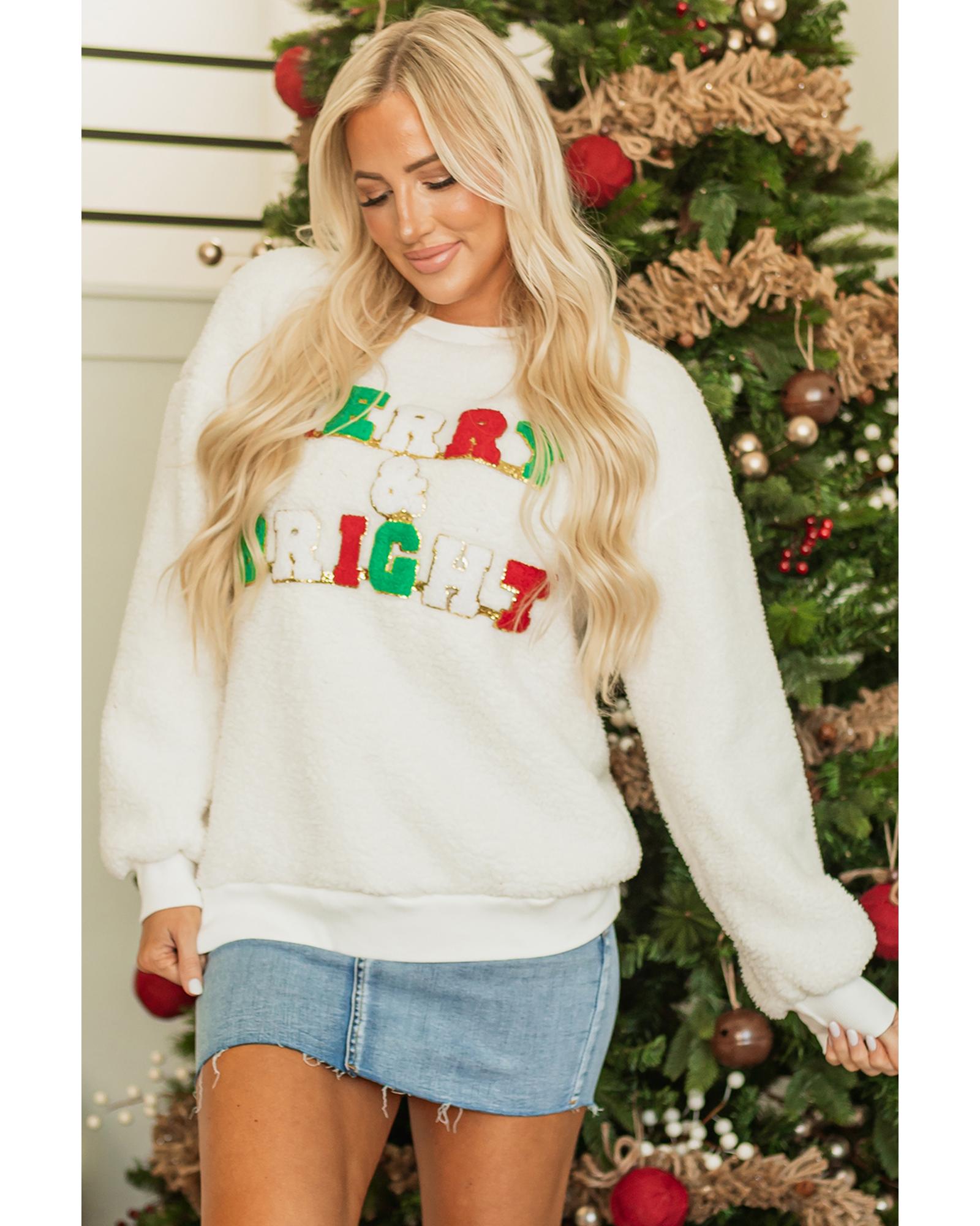 White Christmas MERRY & Bright Chenille Graphic Sherpa Sweatshirt - 2XL