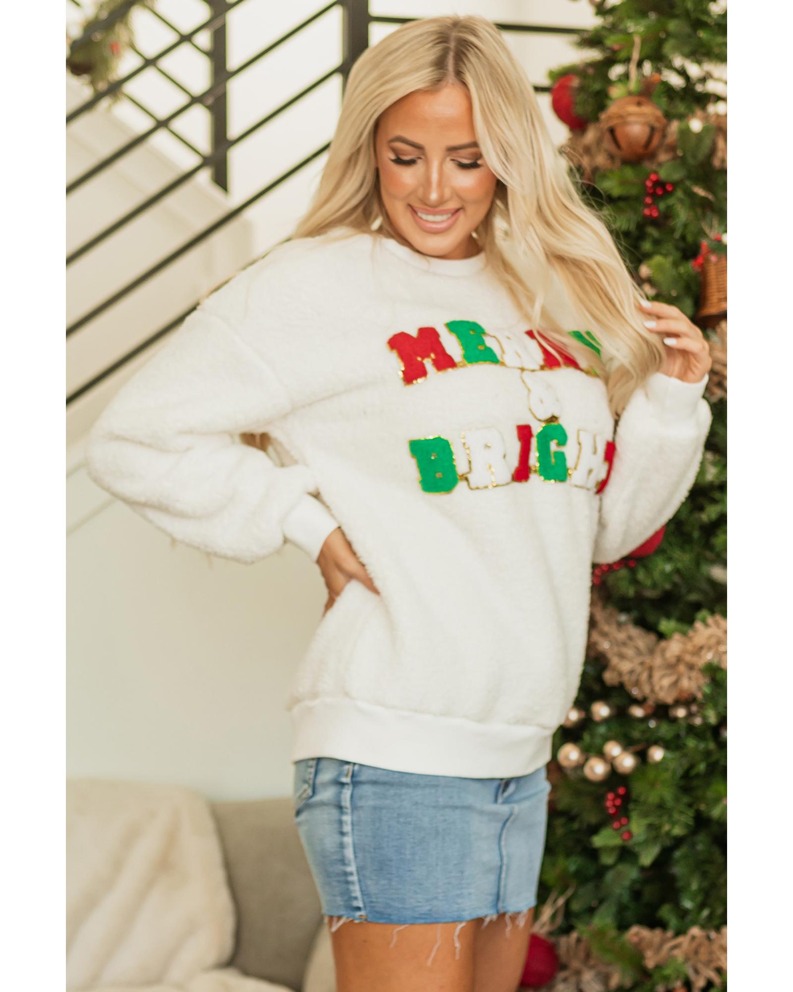 White Christmas MERRY & Bright Chenille Graphic Sherpa Sweatshirt - XL