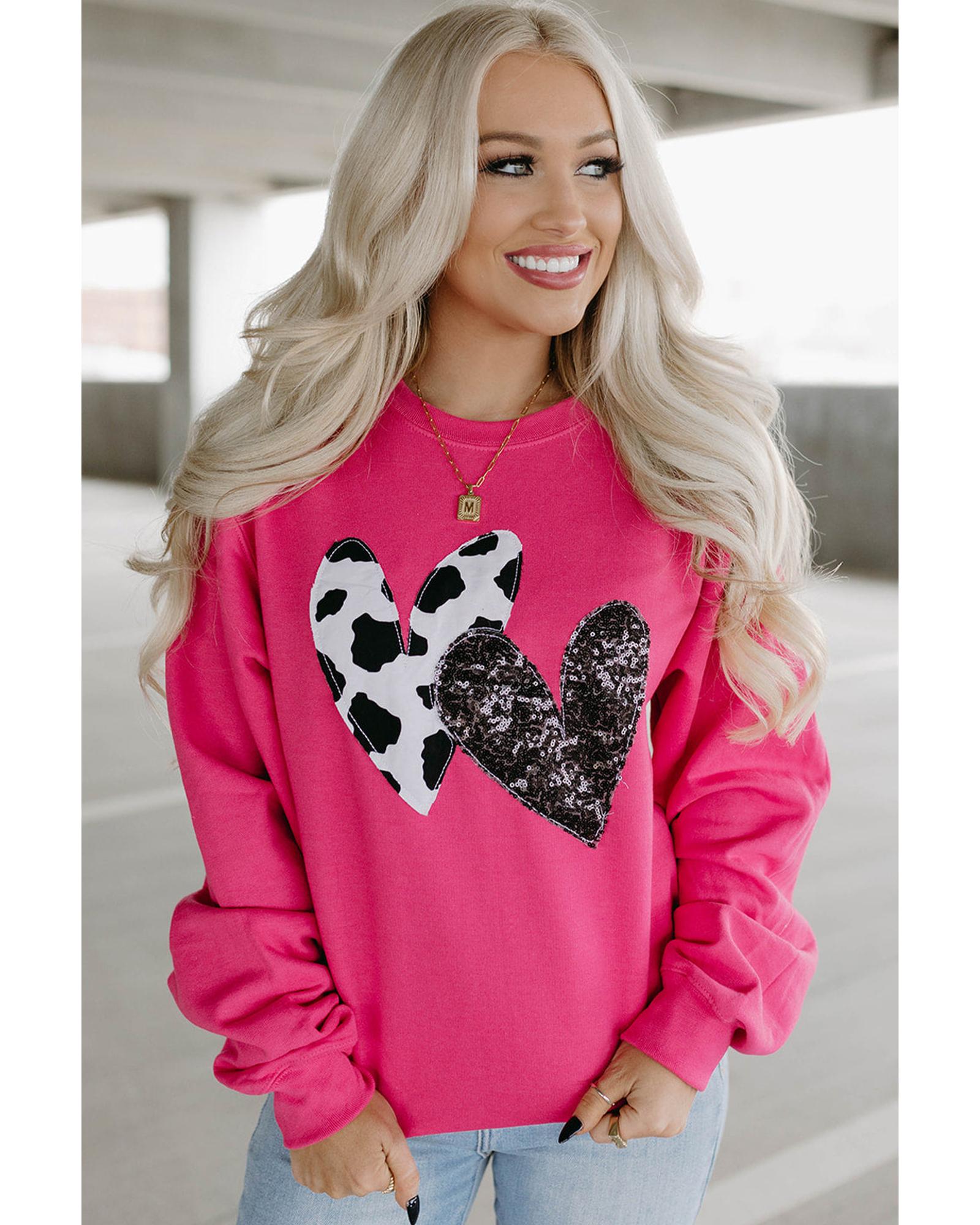 Strawberry Pink Cow & Sequin Double Heart Patch Graphic Sweatshirt - L
