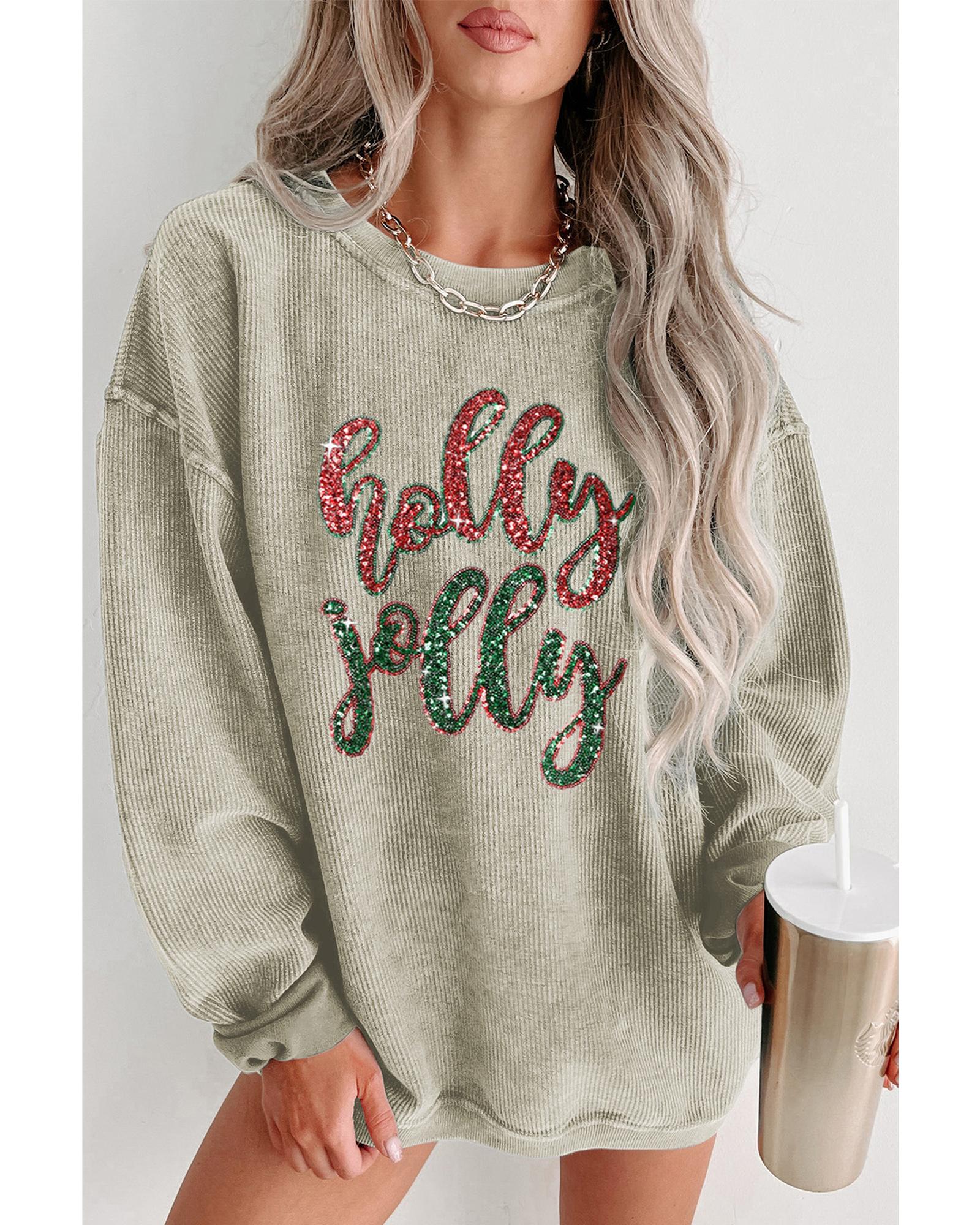 Green Sequined holly jolly Graphic Corded Sweatshirt - S