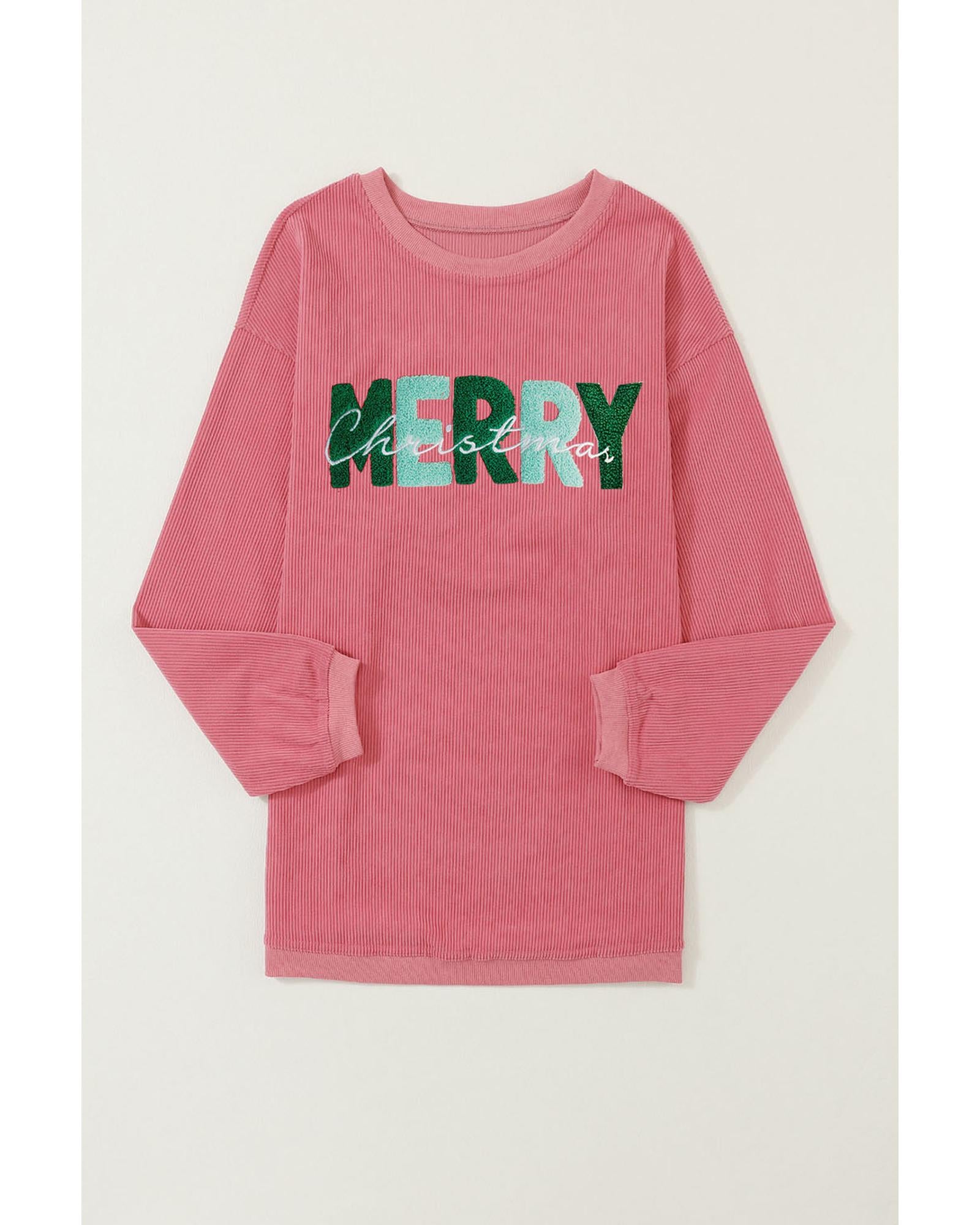 Strawberry Pink MERRY Christmas Corded Pullover Sweatshirt - M