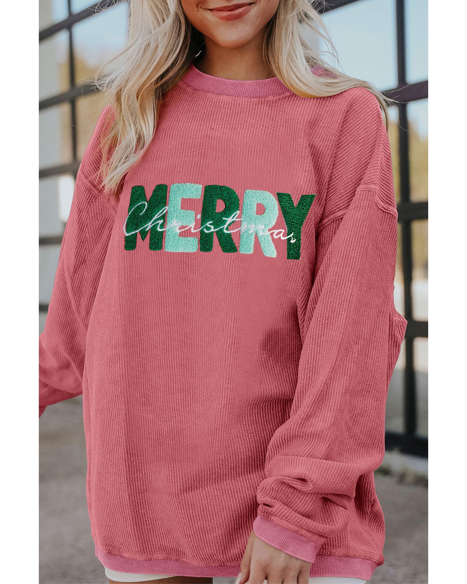 Strawberry Pink MERRY Christmas Corded Pullover Sweatshirt - XL