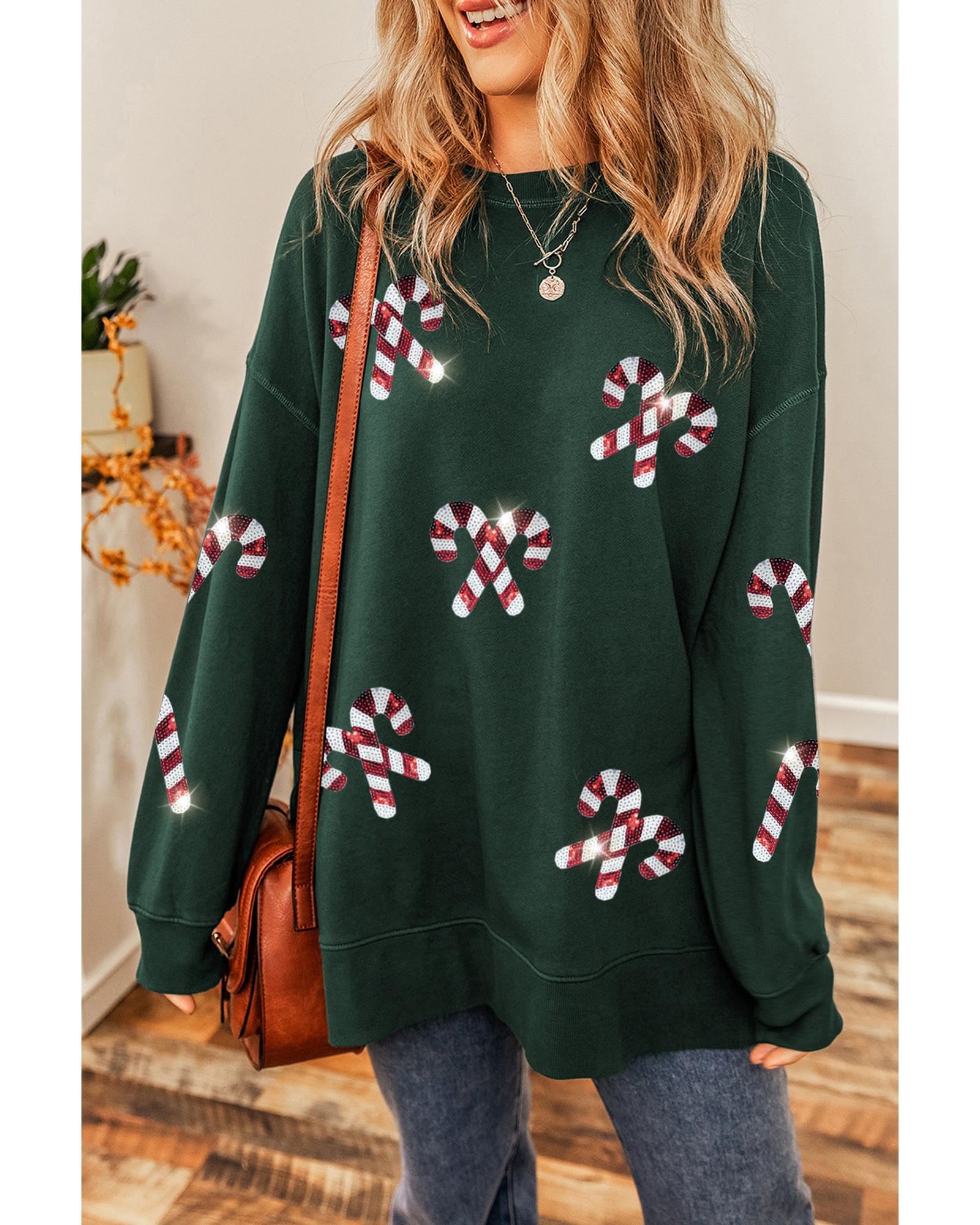 Duffel Green Christmas Cane Pattern Crewneck Oversized Sweatshirt - M
