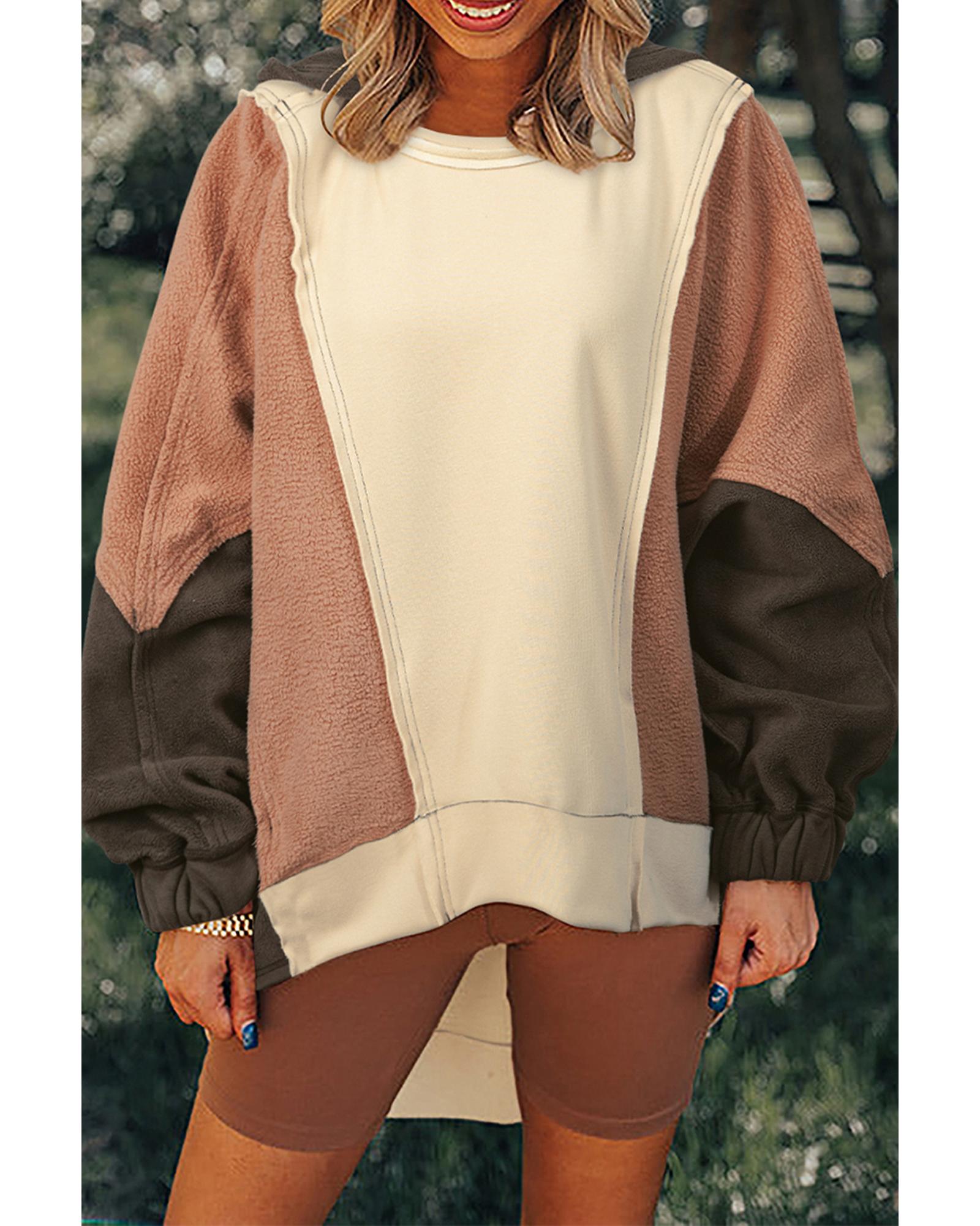 Beige Oversized Color Block Patchwork High Low Hoodie - XL