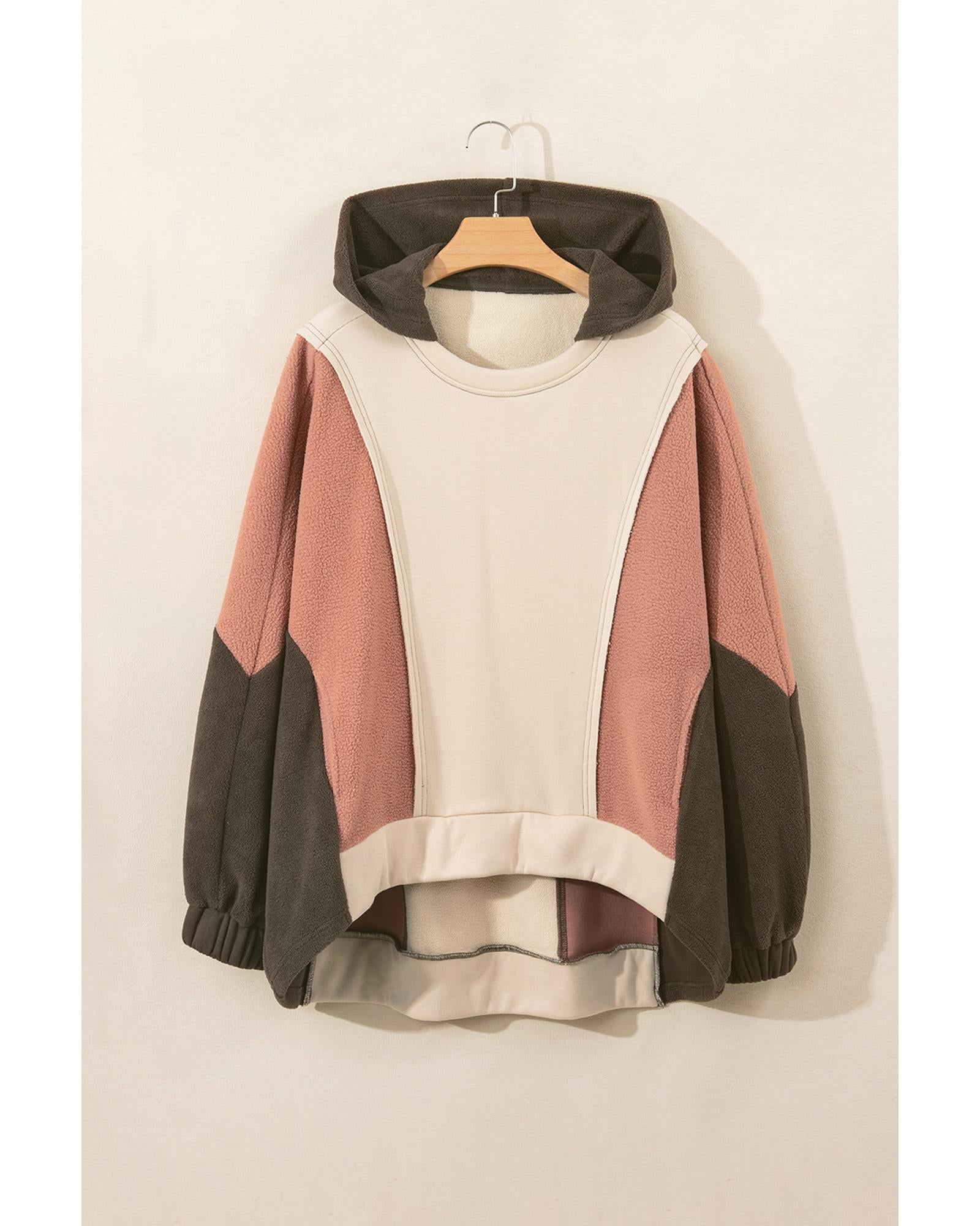 Beige Oversized Color Block Patchwork High Low Hoodie - XL
