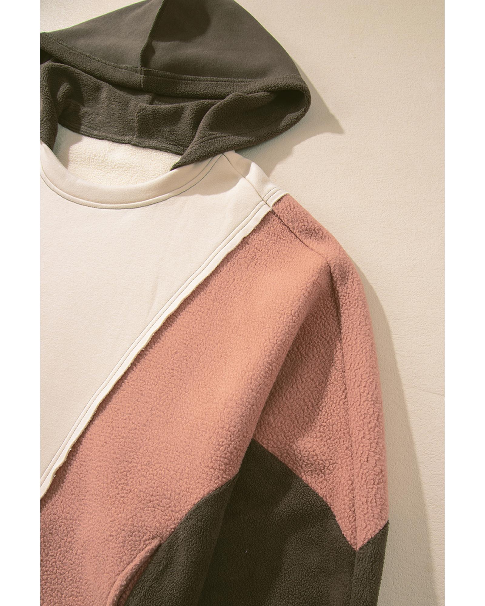 Beige Oversized Color Block Patchwork High Low Hoodie - XL