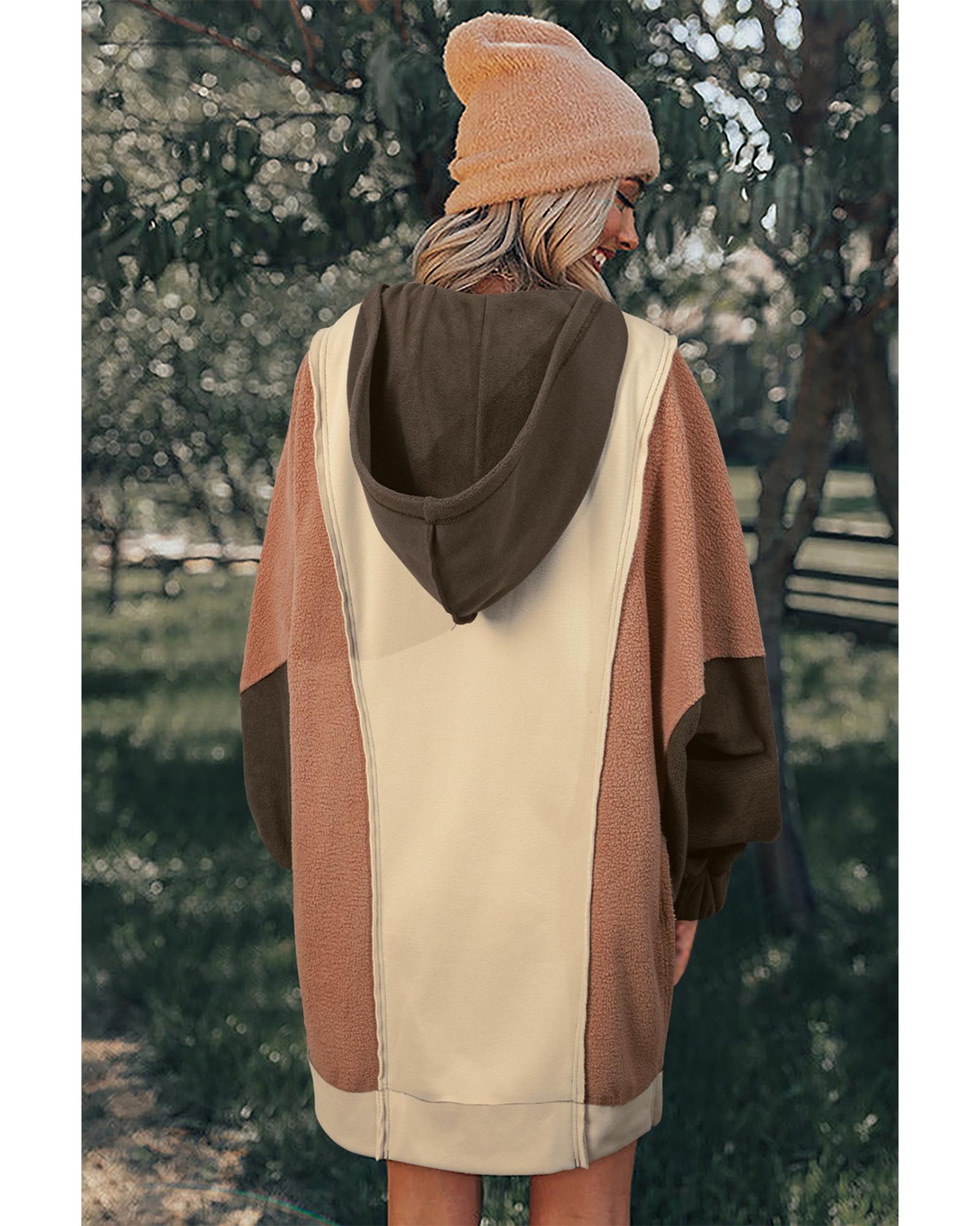 Beige Oversized Color Block Patchwork High Low Hoodie - XL