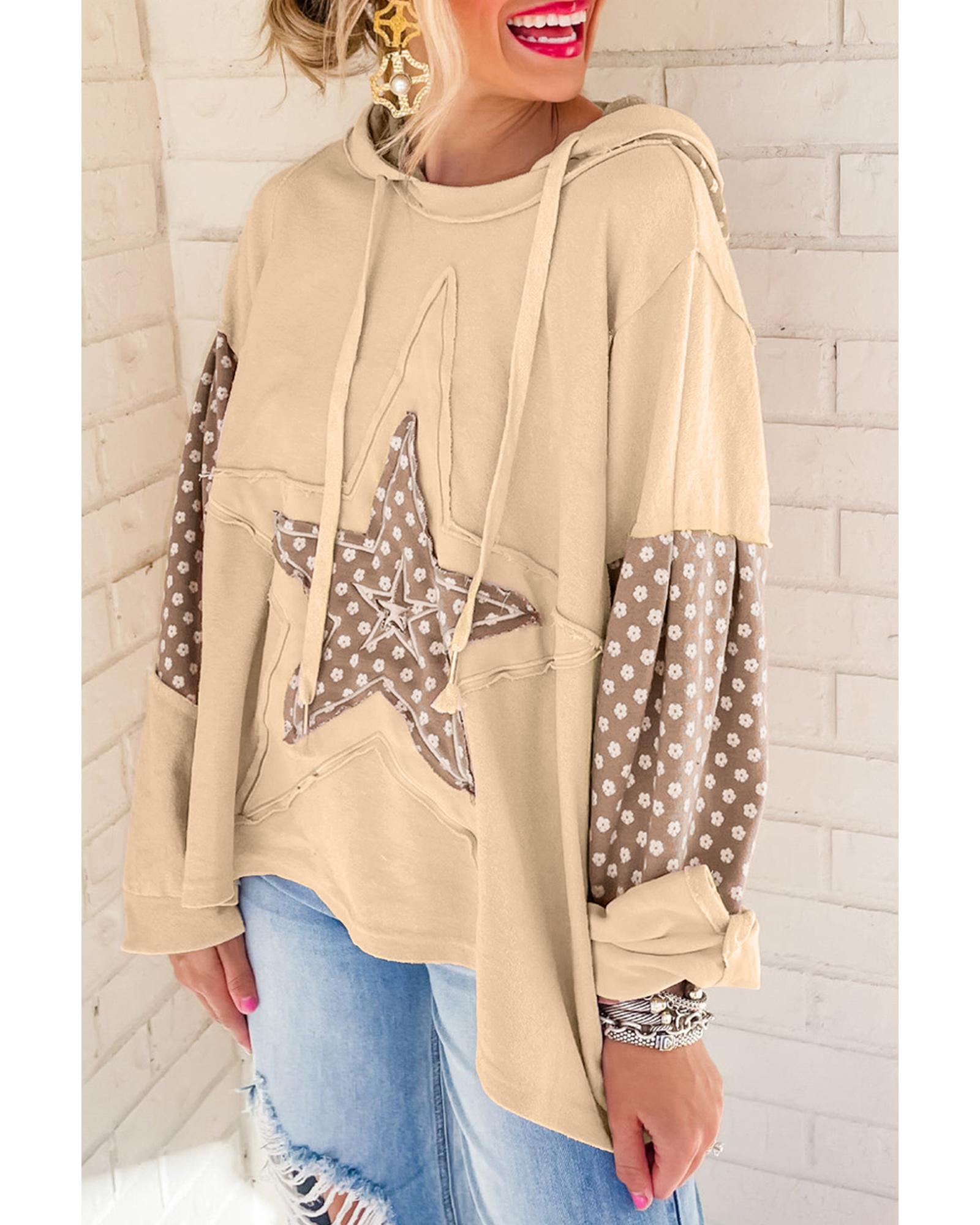 Apricot Floral Patchwork Star Pattern Drawstring Hoodie - L