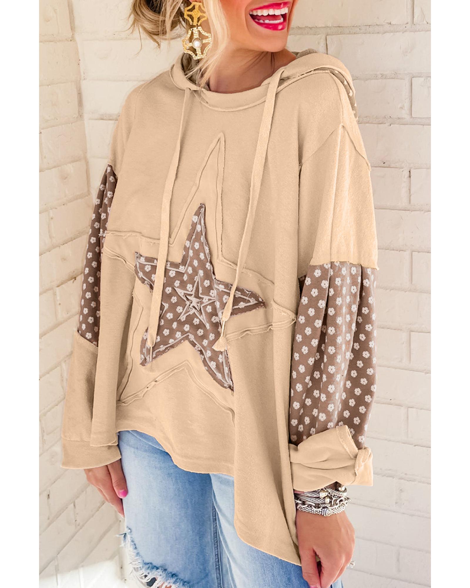 Apricot Floral Patchwork Star Pattern Drawstring Hoodie - S