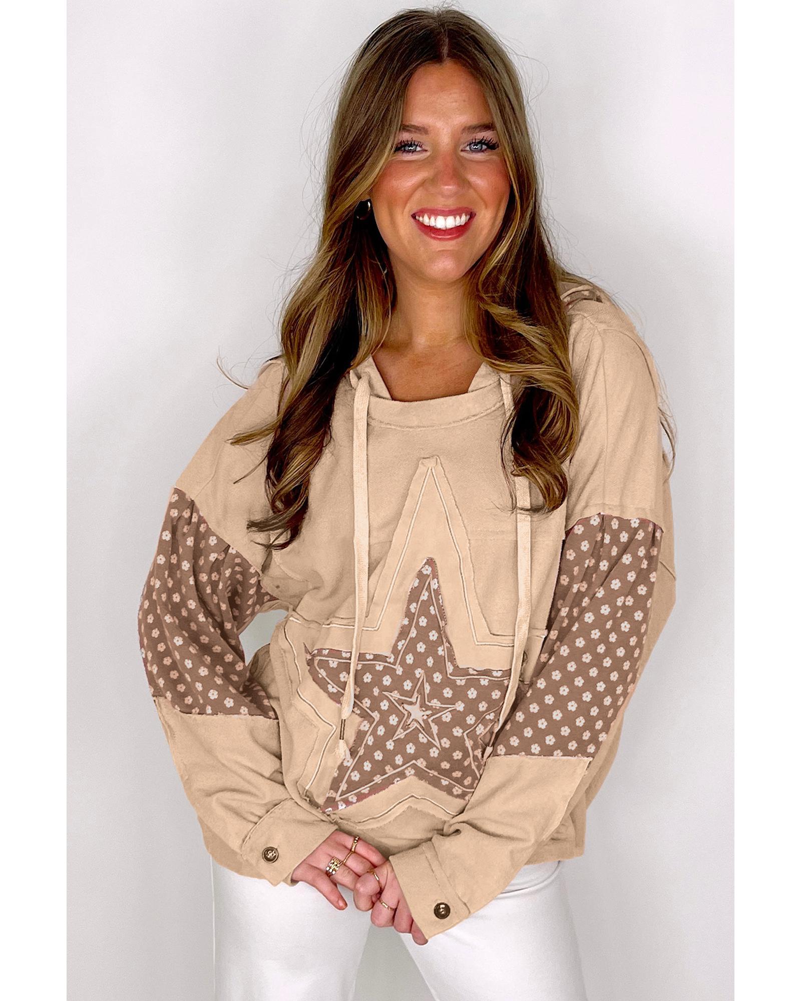 Apricot Floral Patchwork Star Pattern Drawstring Hoodie - S