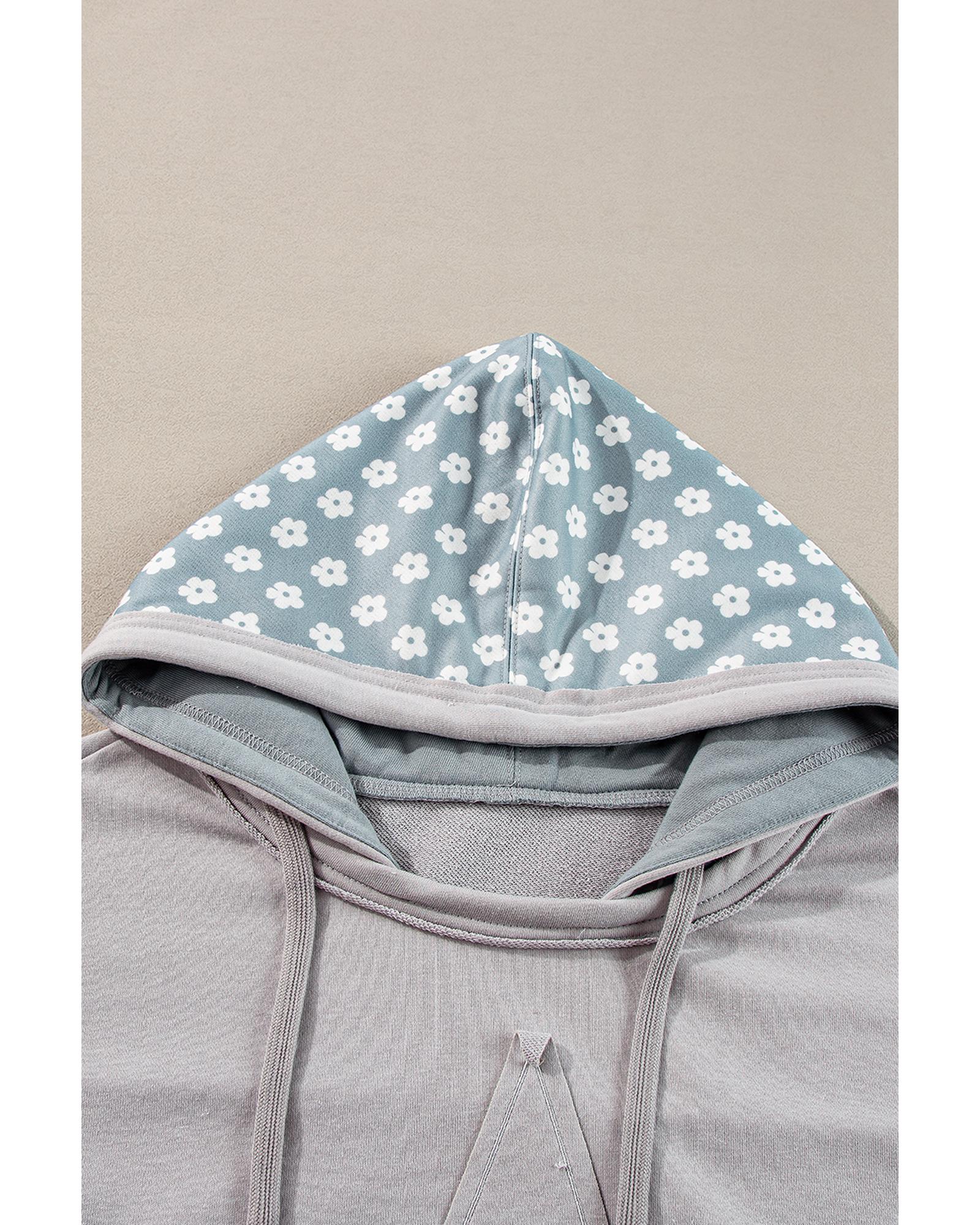 Beau Blue Floral Patchwork Star Pattern Drawstring Hoodie - L