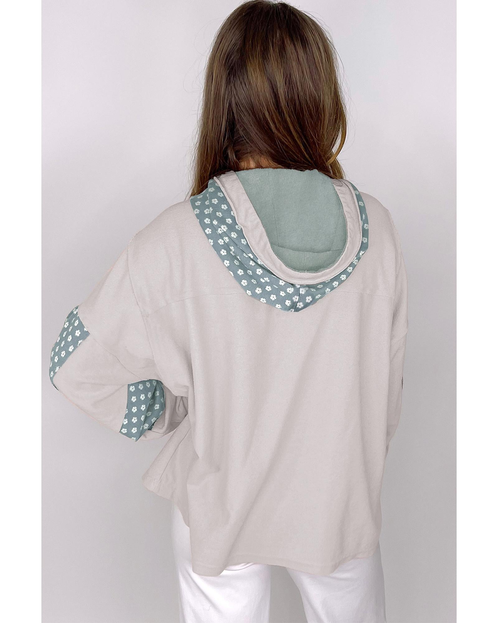 Beau Blue Floral Patchwork Star Pattern Drawstring Hoodie - L