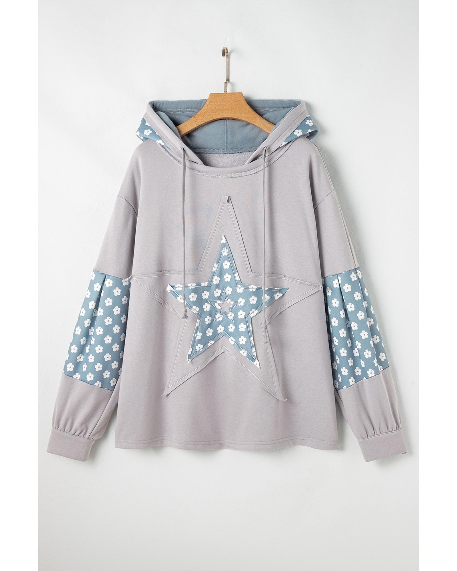 Beau Blue Floral Patchwork Star Pattern Drawstring Hoodie - L