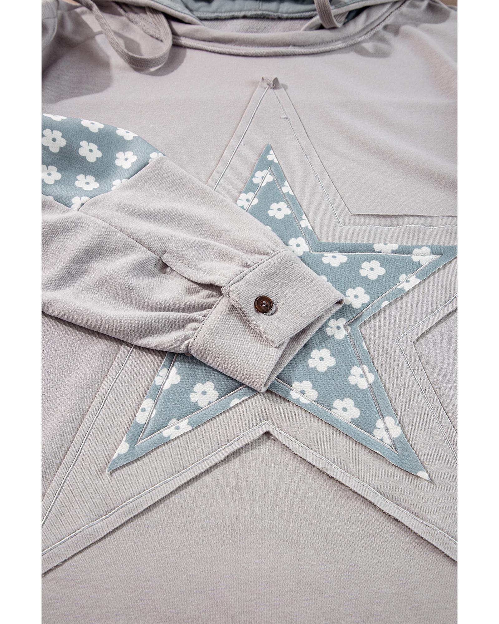 Beau Blue Floral Patchwork Star Pattern Drawstring Hoodie - XL