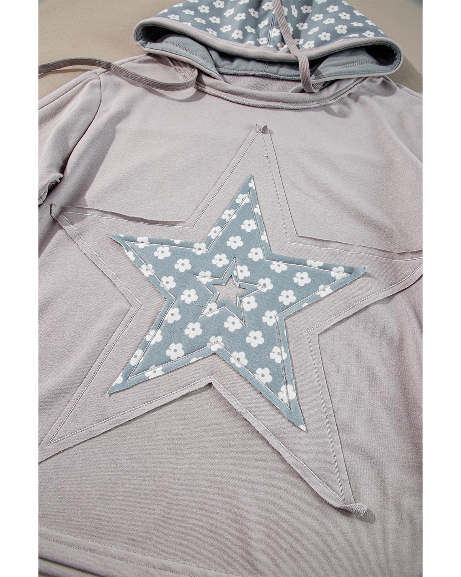 Beau Blue Floral Patchwork Star Pattern Drawstring Hoodie - XL