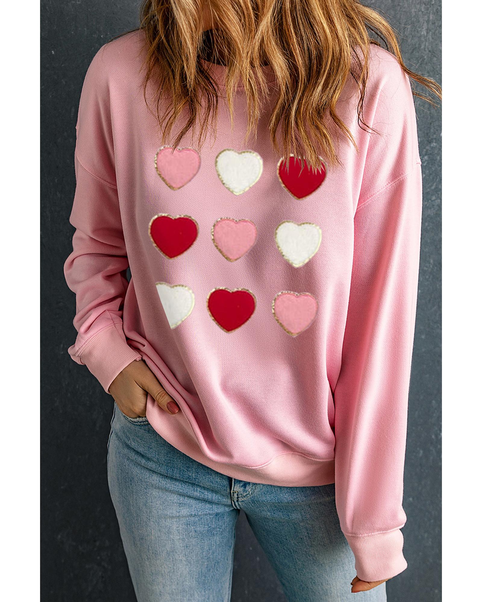 Pink Glitter Chenille Heart Patch Valentines Sweatshirt - L