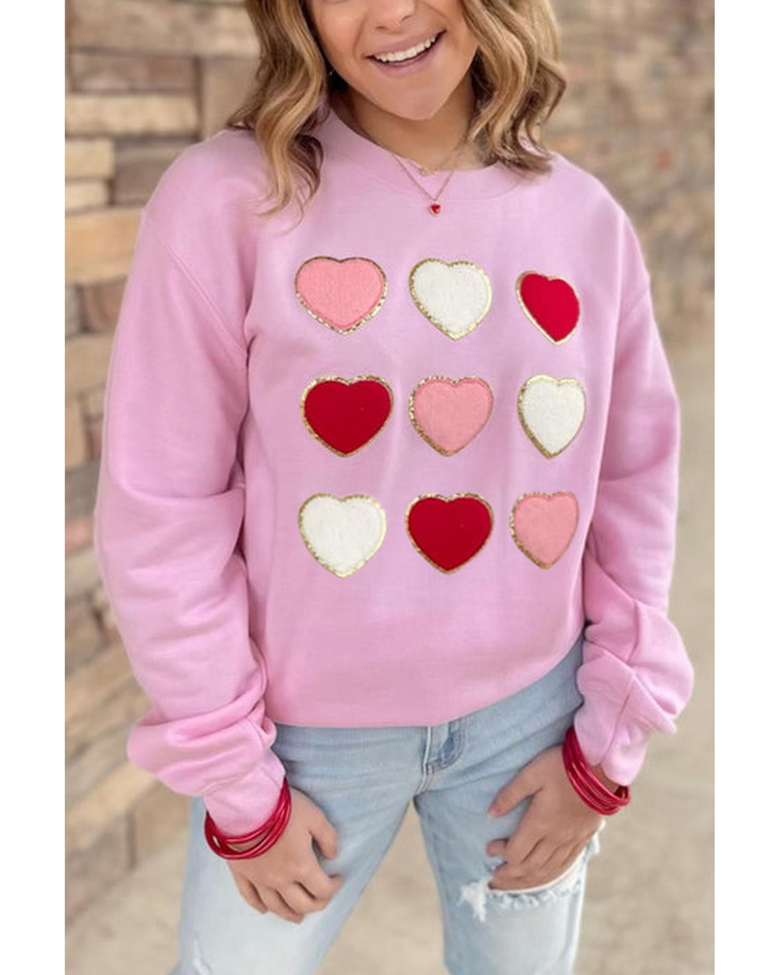 Pink Glitter Chenille Heart Patch Valentines Sweatshirt - L
